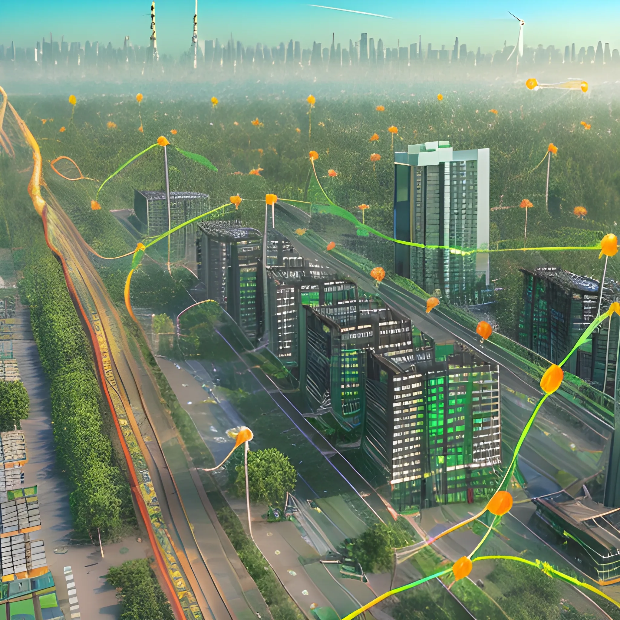 Visualization of an extensive network symbolizing telecommunications infrastructure around a Indian flag, intertwines across a cityscape of eco-friendly technologies, Green fibers, towers with solar panels dotting the horizon, illustrating a sustainable information superhighway, digital render.