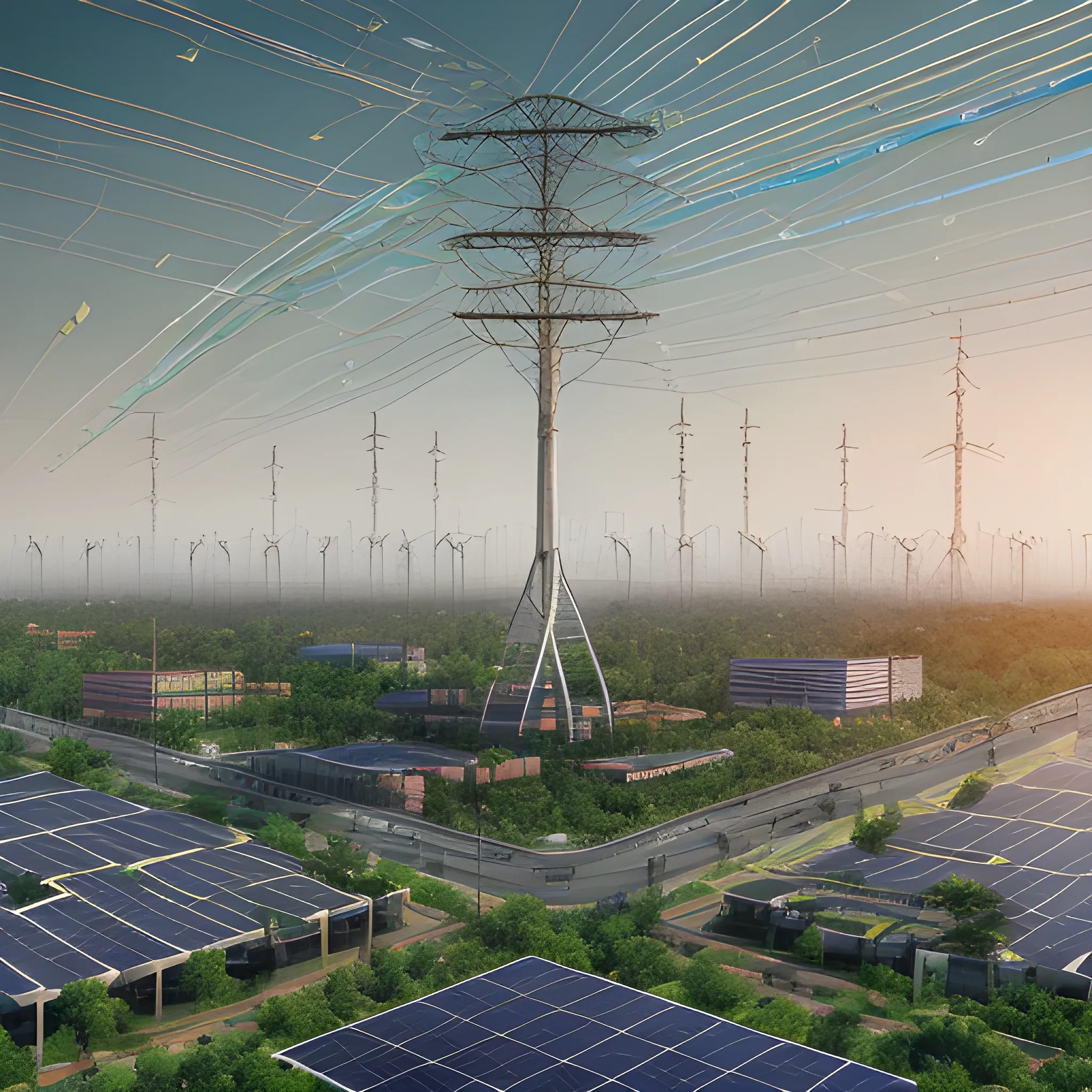 Visualization of an extensive network symbolizing telecommunications infrastructure around a Indian flag, intertwines across a cityscape of eco-friendly technologies,  fibers, towers with solar panels dotting the horizon, illustrating a sustainable information superhighway, digital render. white background