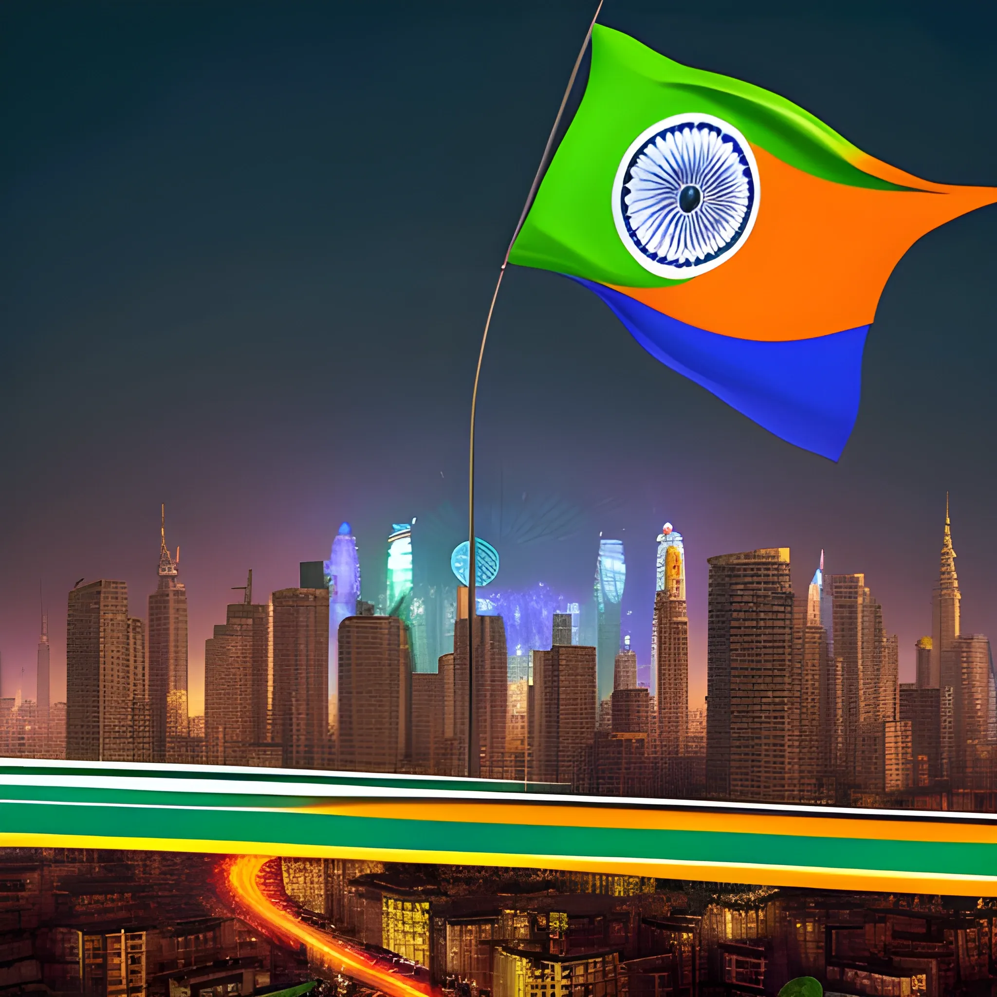 melting Indian tricolor flag hovering over an cityscape bathed in kaleidoscopic lighting. intertwines across a landscape of eco-friendly technologies, Green fibers, towers with solar panels dotting the horizon, leading into a vortex of swirling shadows. Indian flag in background