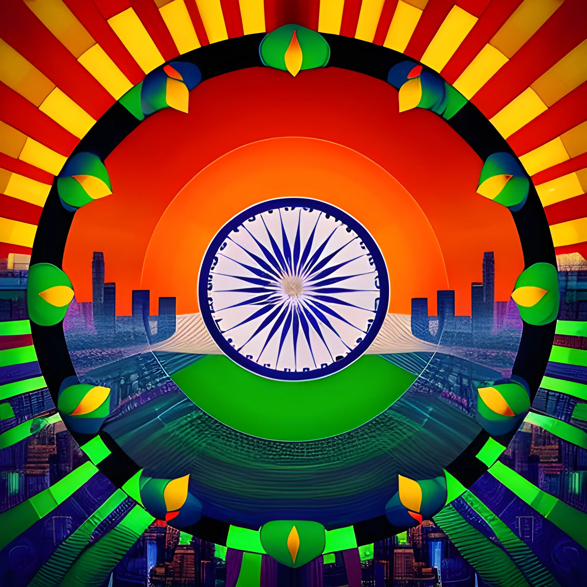 melting Indian tricolor flag hovering over an cityscape bathed in kaleidoscopic lighting. intertwines across a landscape of eco-friendly technologies, Green fibers, towers with solar panels dotting the horizon, leading into a vortex of swirling shadows. Indian flag in background, Trippy