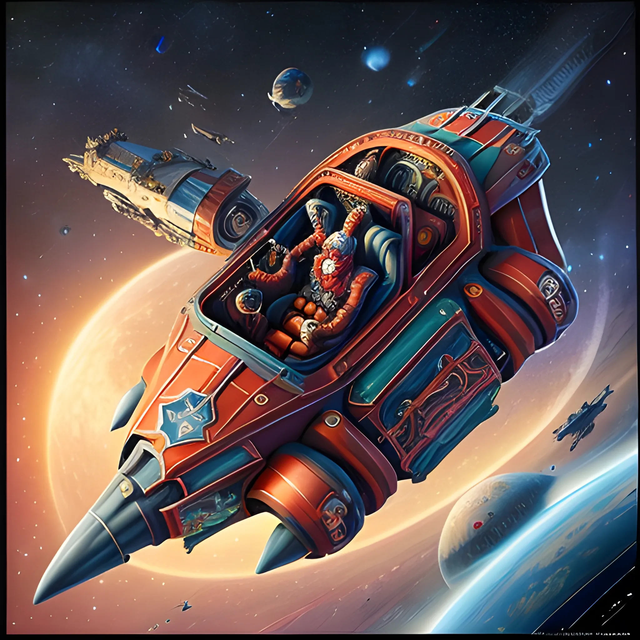 <lora:Objects In Space:1.0> <lora:space-starrynight SD:1.0> <lora:Babylon 5 Objects:1.0> A starship of Red Royalpunk style,very intricate red details, aesthetic.The ship is adorned + red royalistic ambiance, crimson red gears, gold levers, exact patterns, contrasting + its metallic crimson body.Background has stars, ships, & gigantic Earth-type planet.750k UHD 4D. Styles of Steven Spielberg, Jules Verne.Hyperrealistic, mid shot, color depth.Space Fun theme park with 🎢roller coasters, people strapped into swing roller coasters, kiddie rides, space horse rides, space kart rides, Antigravity walks, & more.(((It all happens under a giant invisible forcefield bubble protecting the park, and those inside, from space.)))(((750k UHD 4D resolution wide-angle. Center attraction is a kiddie roller 🎢 coaster.))), Trippy