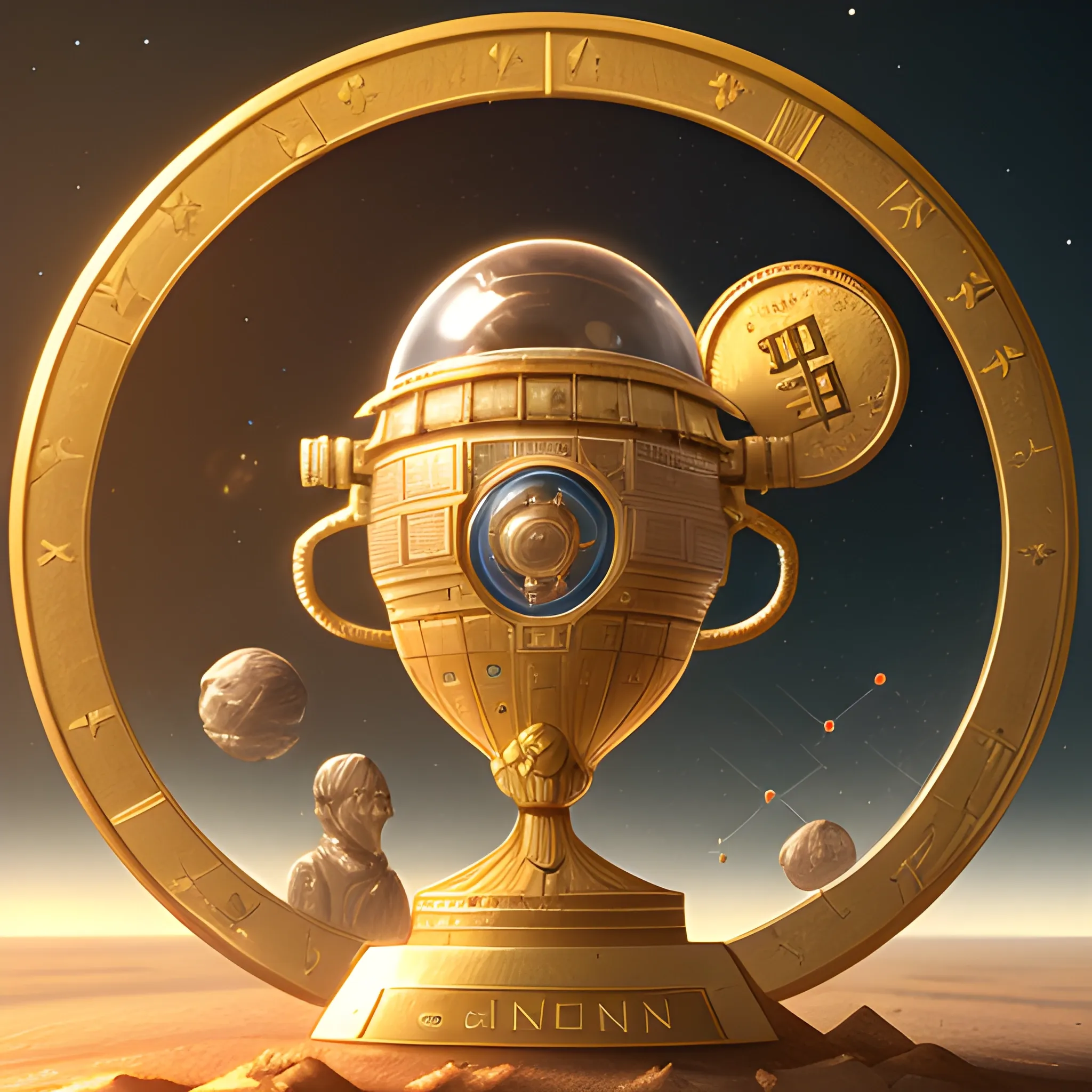 icon of a coin with trophy, Science fantasy, Photorealism, computer rendering, space art, cgsociety, Artstation