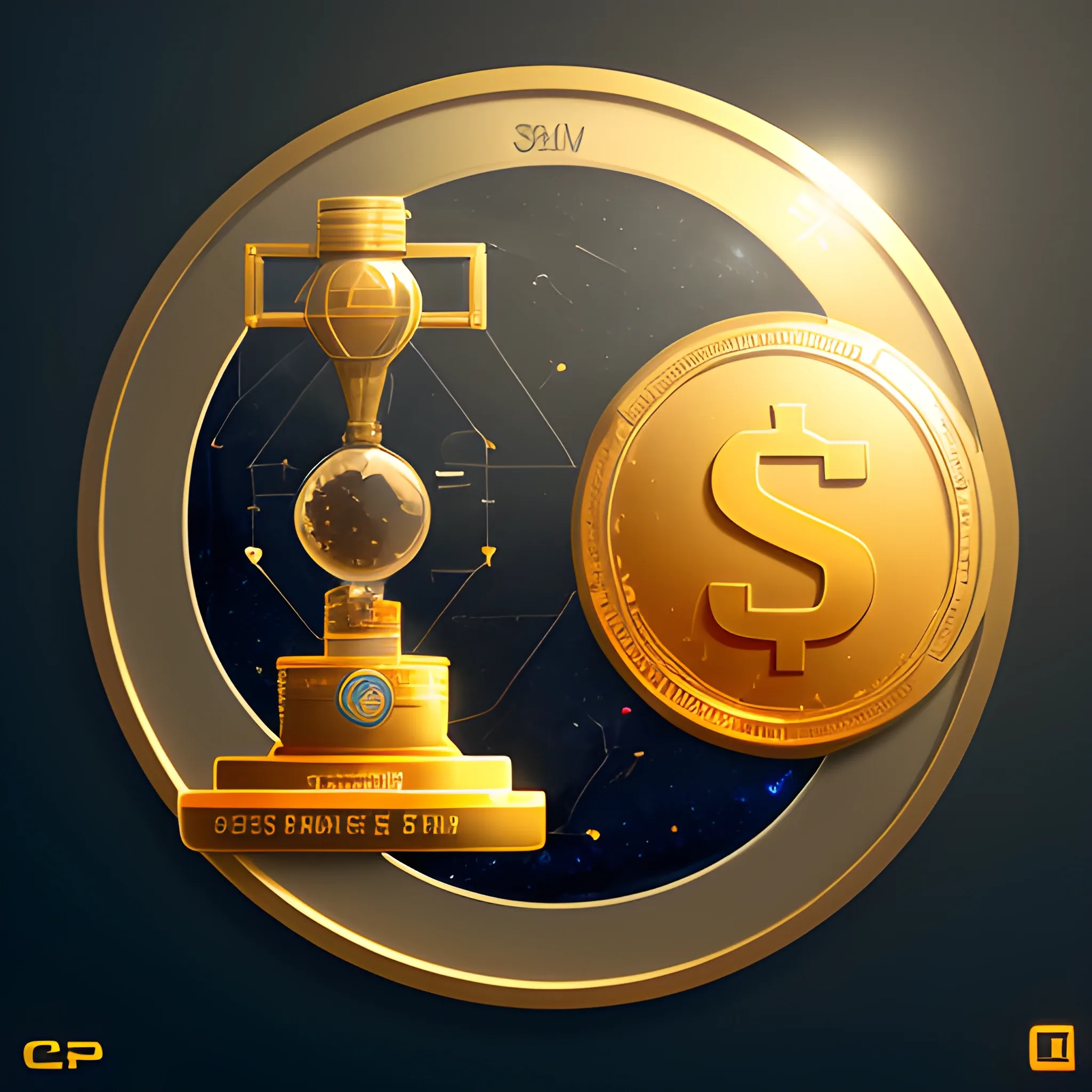 very simplified icon of a coin with trophy, Science fantasy, computer rendering, space art, cgsociety, Artstation