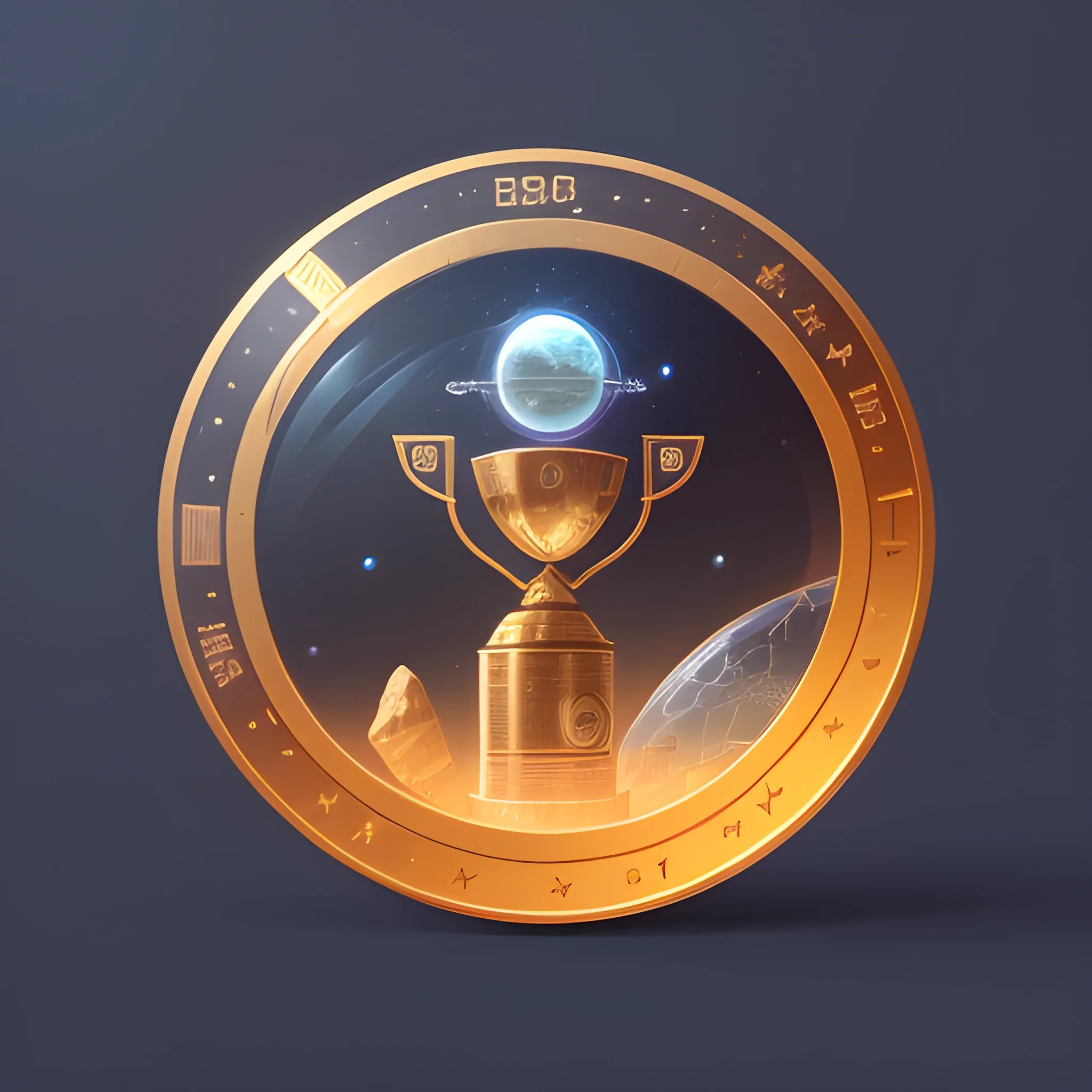 very simplified icon of a coin with trophy, Science fantasy, computer rendering, space art, cgsociety, Artstation