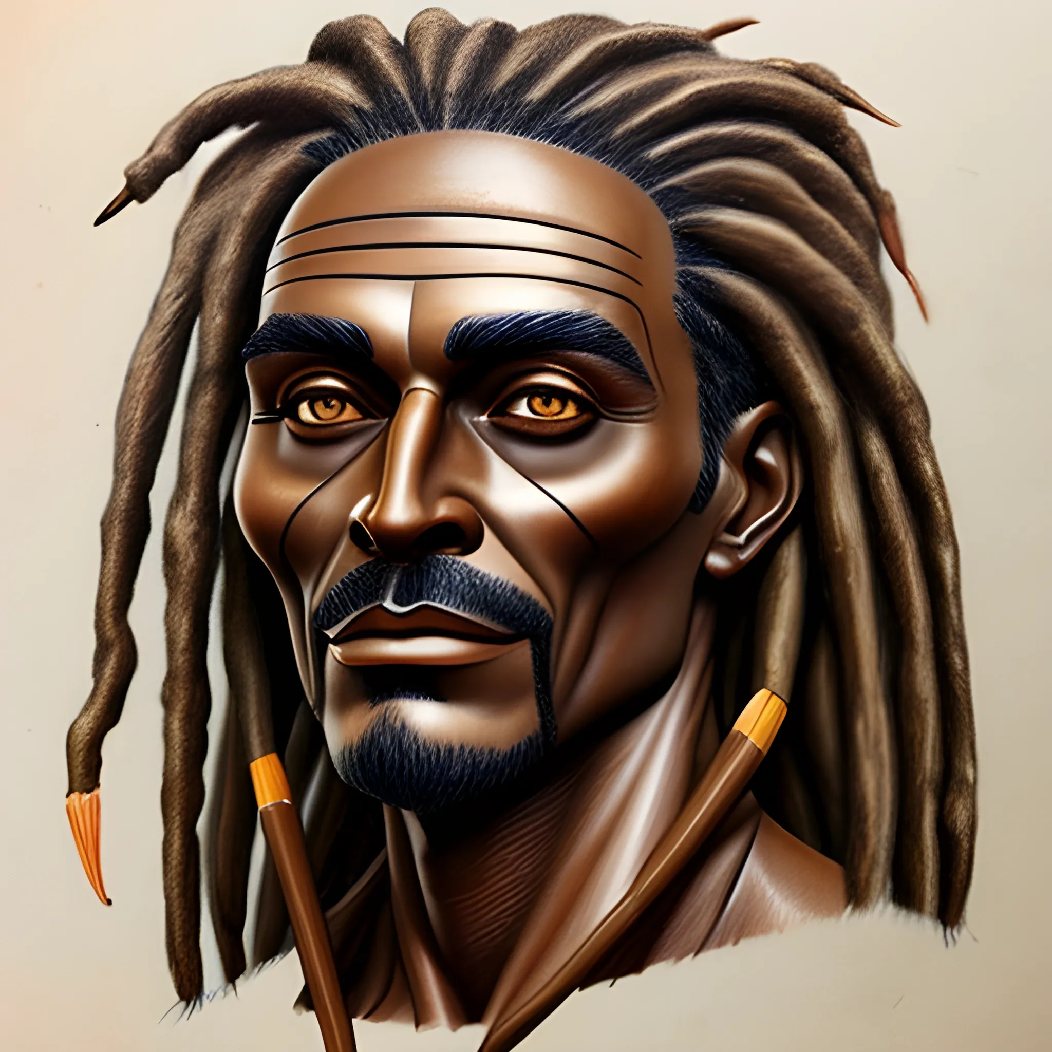 a bronze skinned man with coal black eyes waist length dreadlocks and young facial features, Pencil Sketch