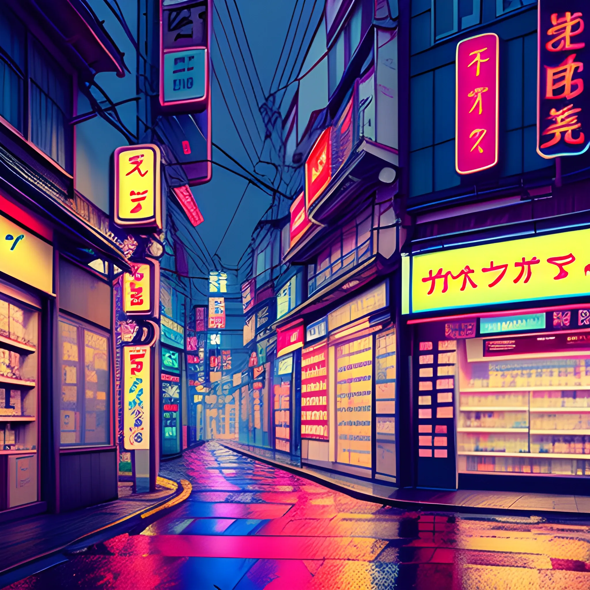 Create art with japanese view of a little pharmacy outside, 3D, rainy weather, not intense colours, night, delicate neon lights in the background, dark, desaturated, no people, no street

