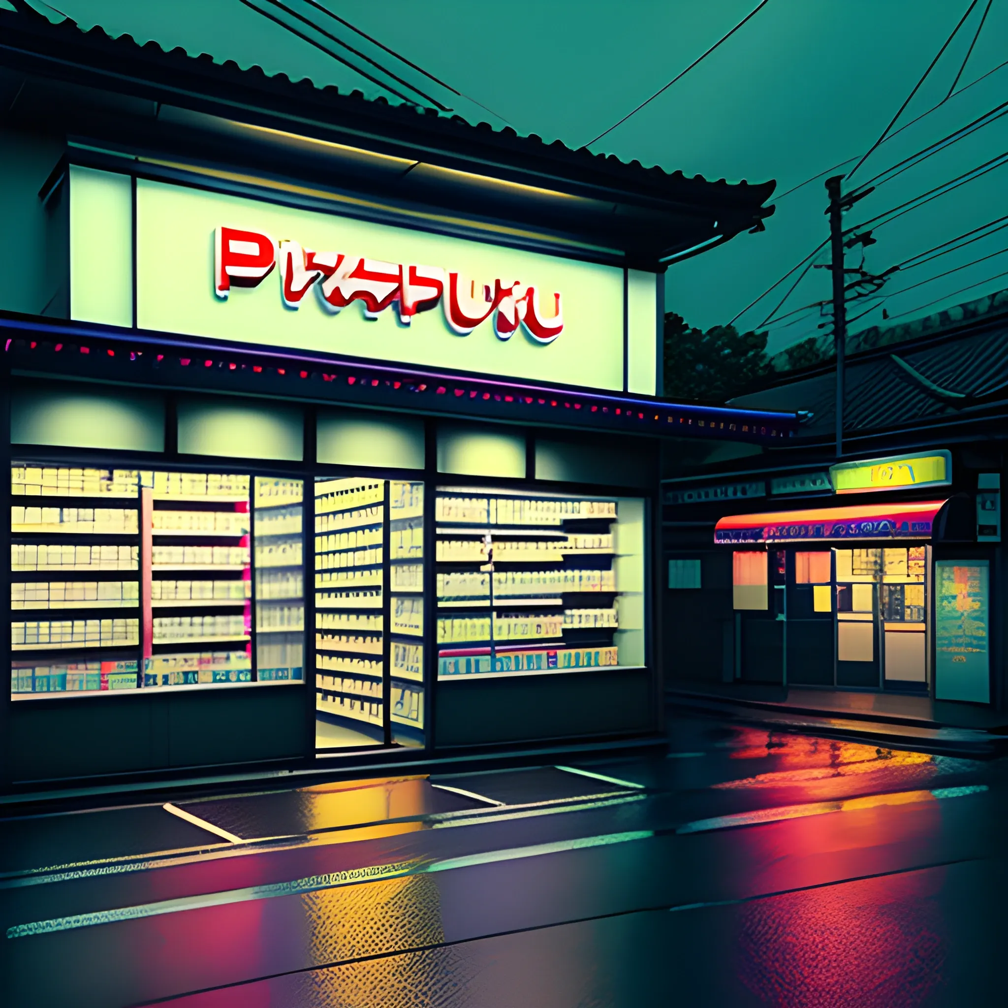 Create art with japanese view of a little pharmacy outside, 3D, rainy weather, not intense colours, night, delicate neon lights in the background, dark, desaturated, no people, no street, no windows, centered

