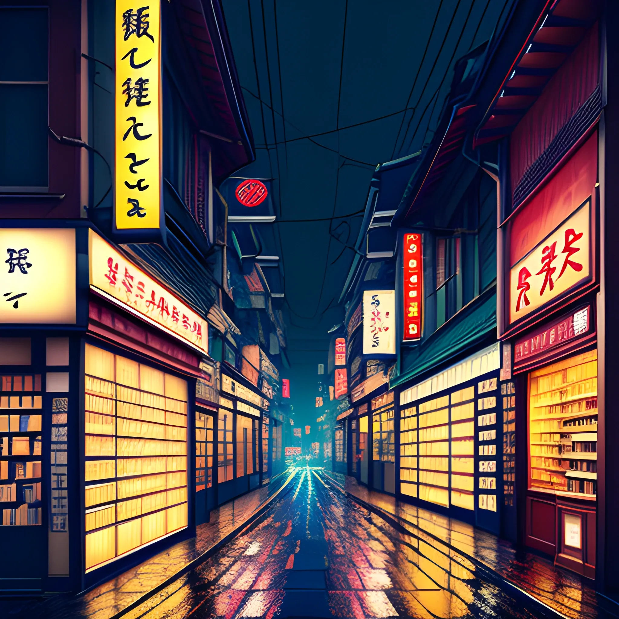 Create art with japanese view of a little very old pharmacy outside, 3D, rainy weather, not intense colours, night, delicate neon lights in the background, dark, desaturated, no people, no street, no windows, centered

