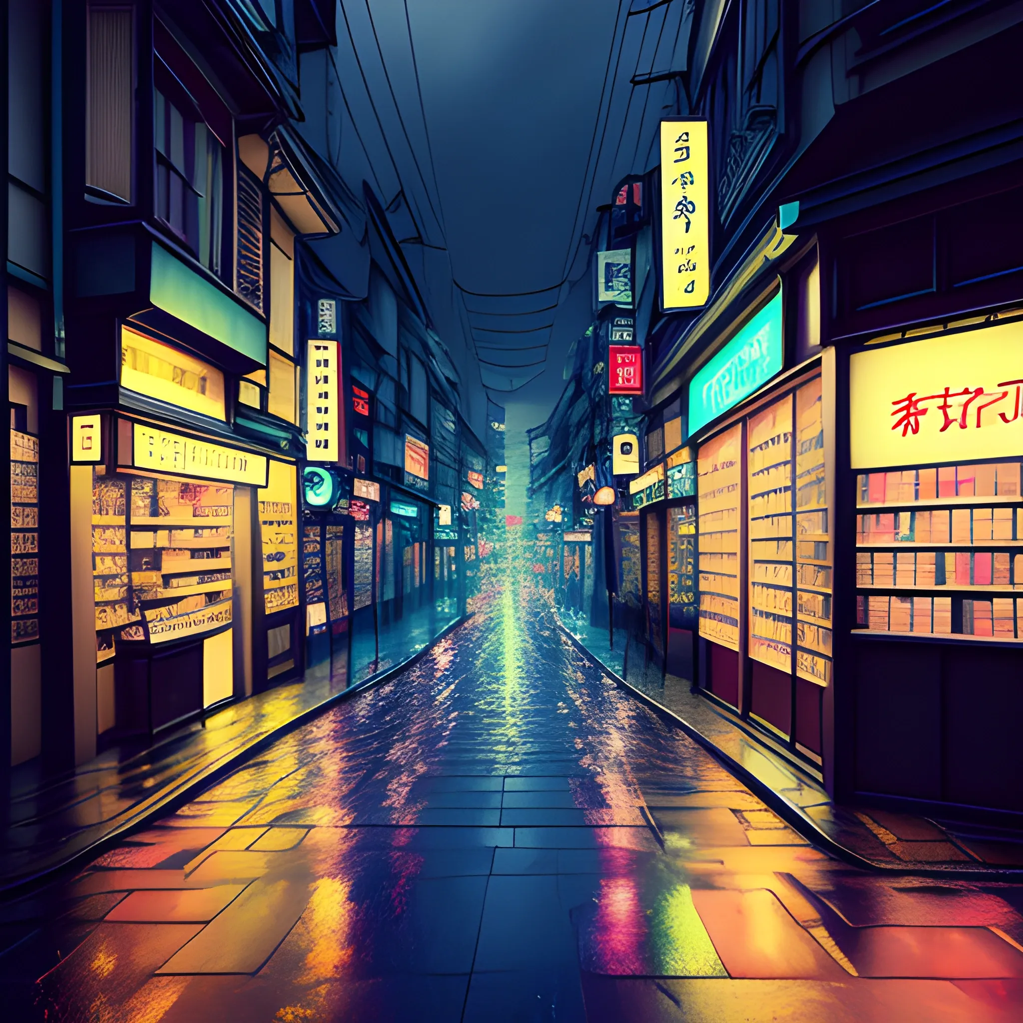 Create art with japanese view of a little very old pharmacy outside, 3D, rainy weather, not intense colours, night, delicate neon lights in the background, dark, desaturated, no people, no street, no windows, centered

