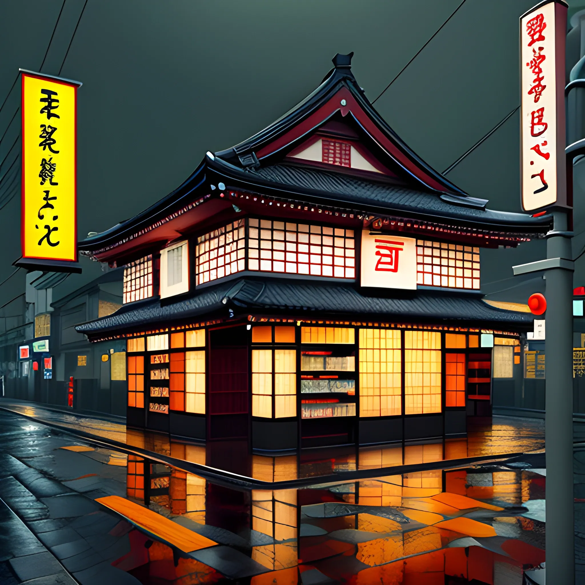 Create art with japanese view of a little very old pharmacy outside, 3D, rainy weather, not intense colours, night, dark, desaturated, no people, no street, no windows

