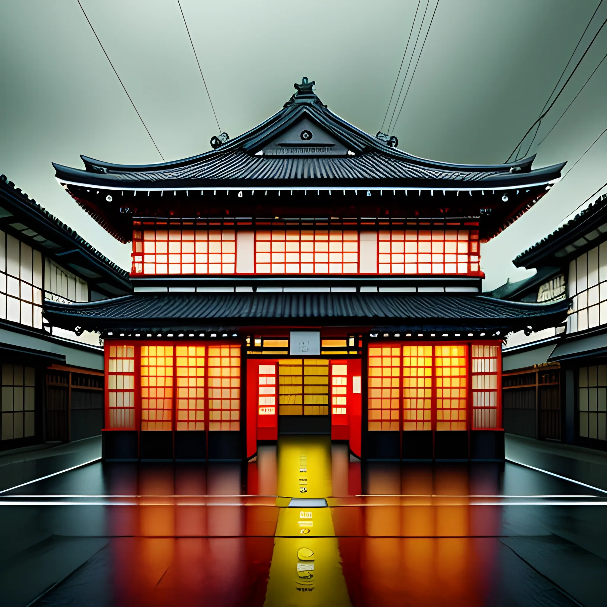 Create art with japanese view of a little very old pharmacy outside, 3D, rainy weather, not intense colours, night, dark, desaturated, no people, no street, no windows

