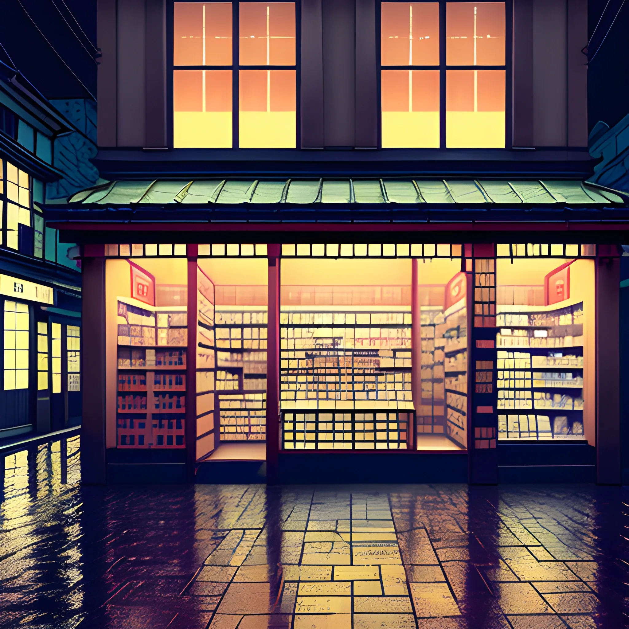 Create art with japanese view of a very old pharmacy shop outside, 3D, rainy weather, not intense colours, night, dark, desaturated, no people, no street, no windows

