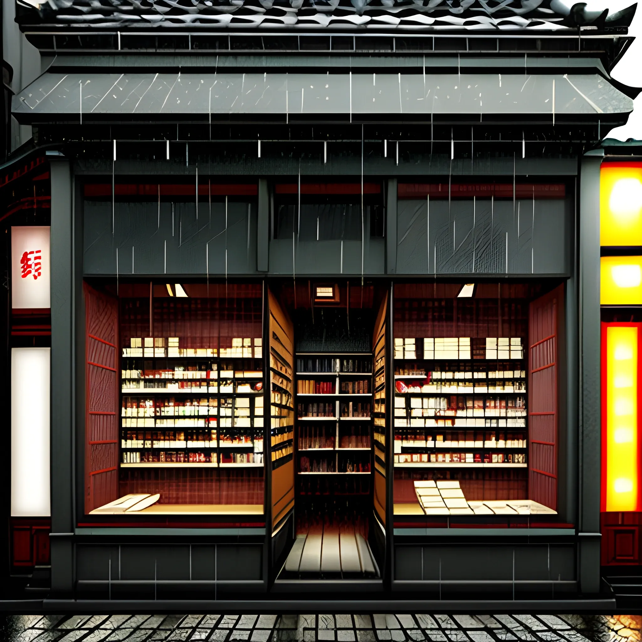 Create art with japanese view of a very old pharmacy shop outside, 3D, rainy weather, not intense colours, night, dark, desaturated, no people, no street, very little windows

