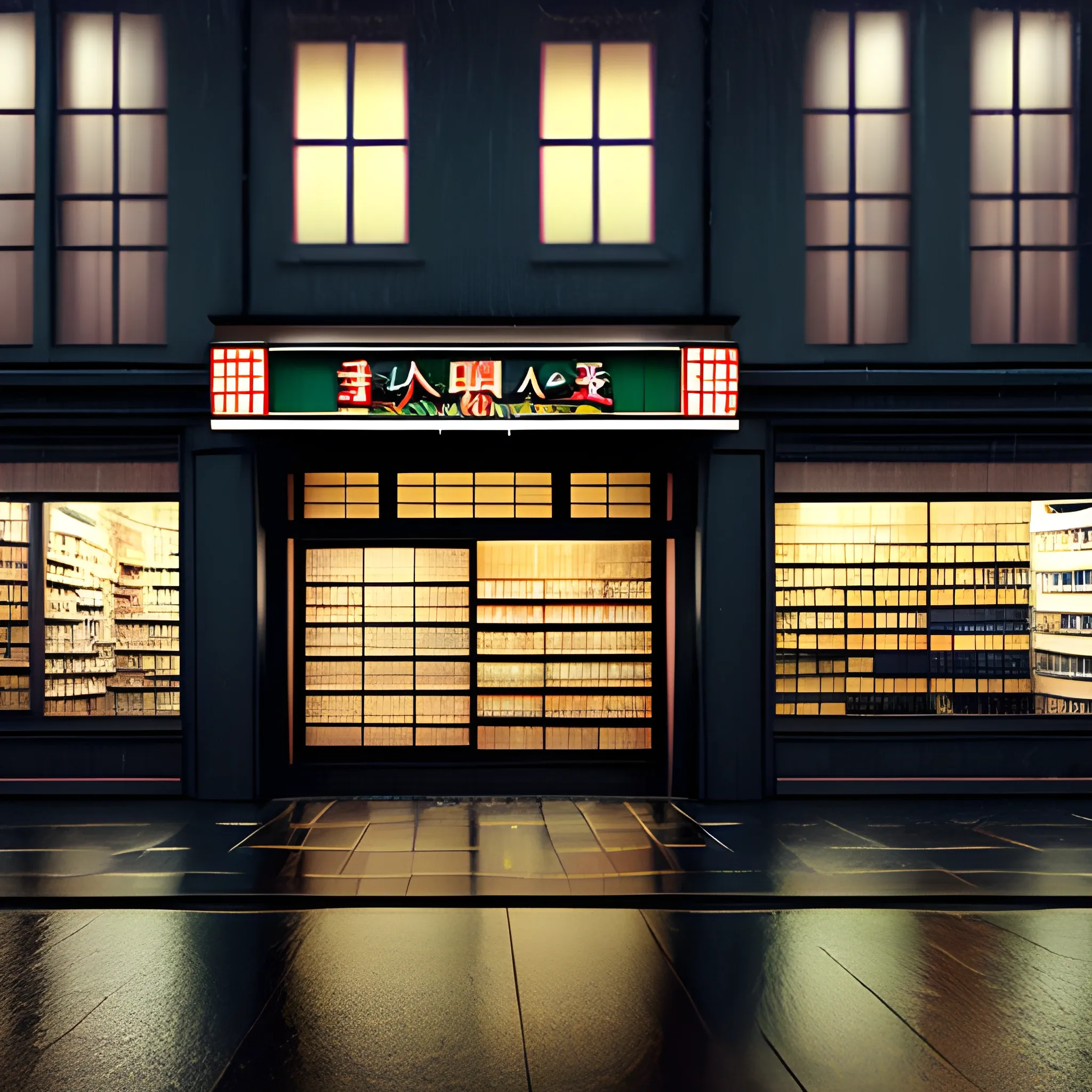 Create art with japanese view of a very old pharmacy shop outside, 3D, rainy weather, not intense colours, night, dark, desaturated, no people, no street, very little windows

