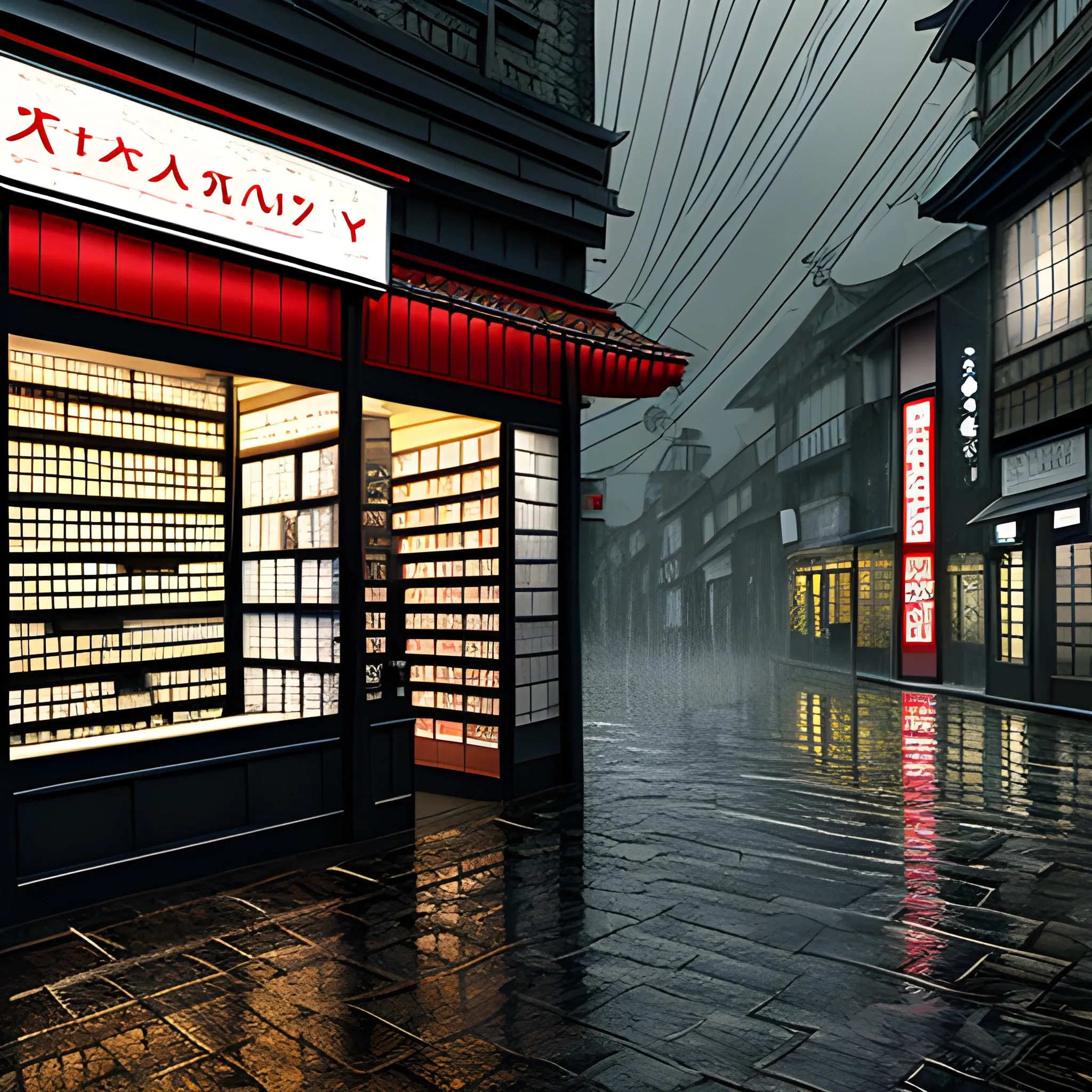 Create art with japanese view of a very old pharmacy shop outside, 3D, rainy weather, not intense colours, night, dark, desaturated, no people, no street, very little windows

