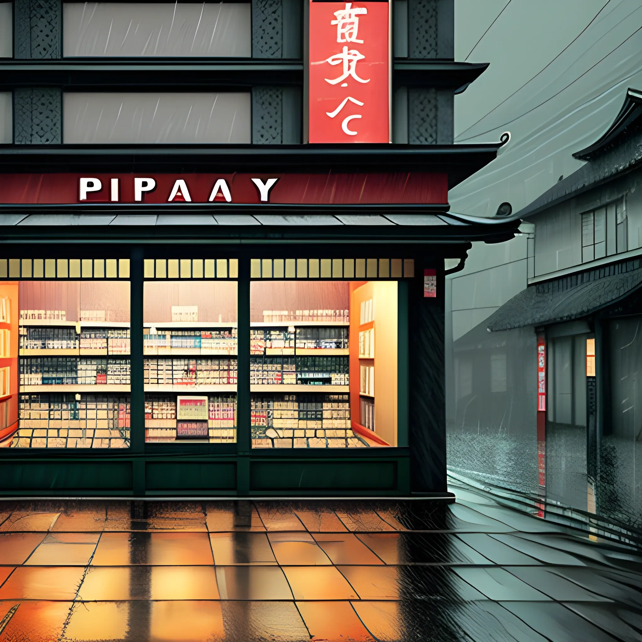 Create art with japanese view of a very old pharmacy shop outside without any windows, 3D, rainy weather, not intense colours, night, dark, desaturated, no people, no street
