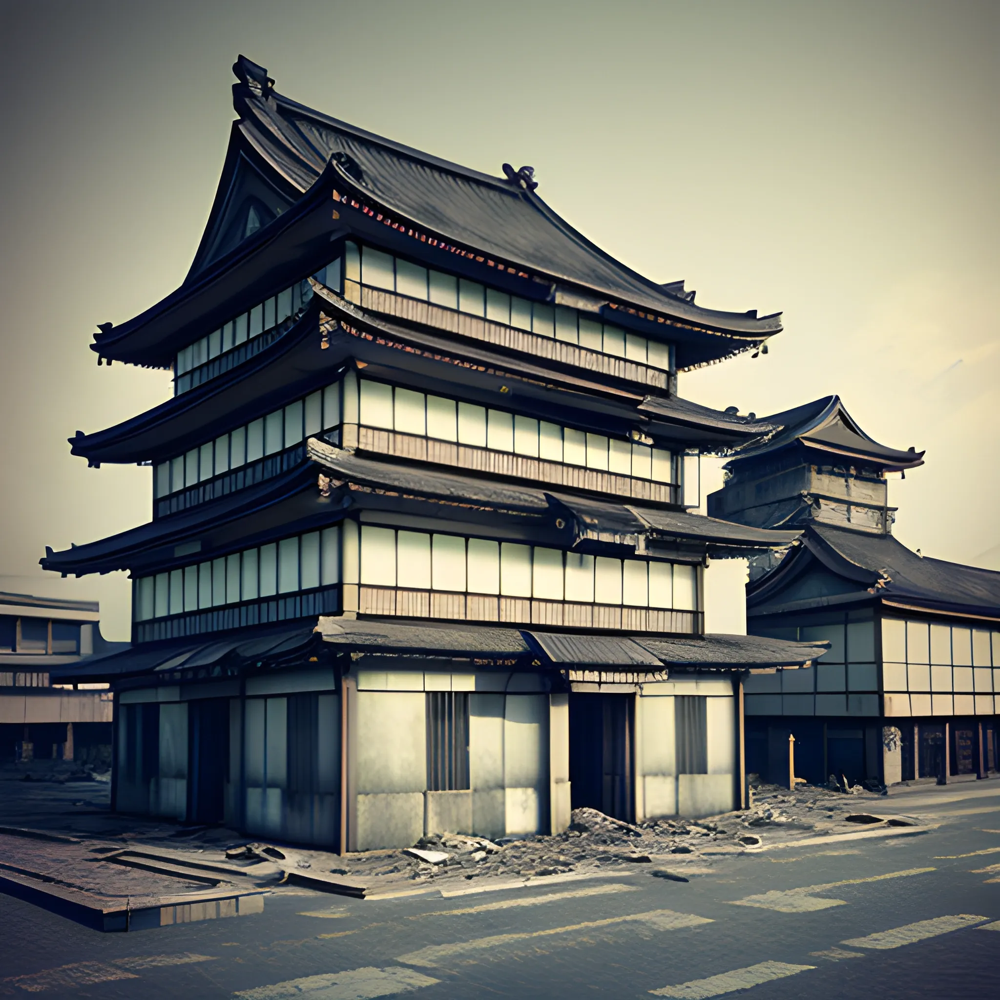 Create art with japanese view of old building in a damaged city, 3D, not intense colours, desaturated, no people, no street

