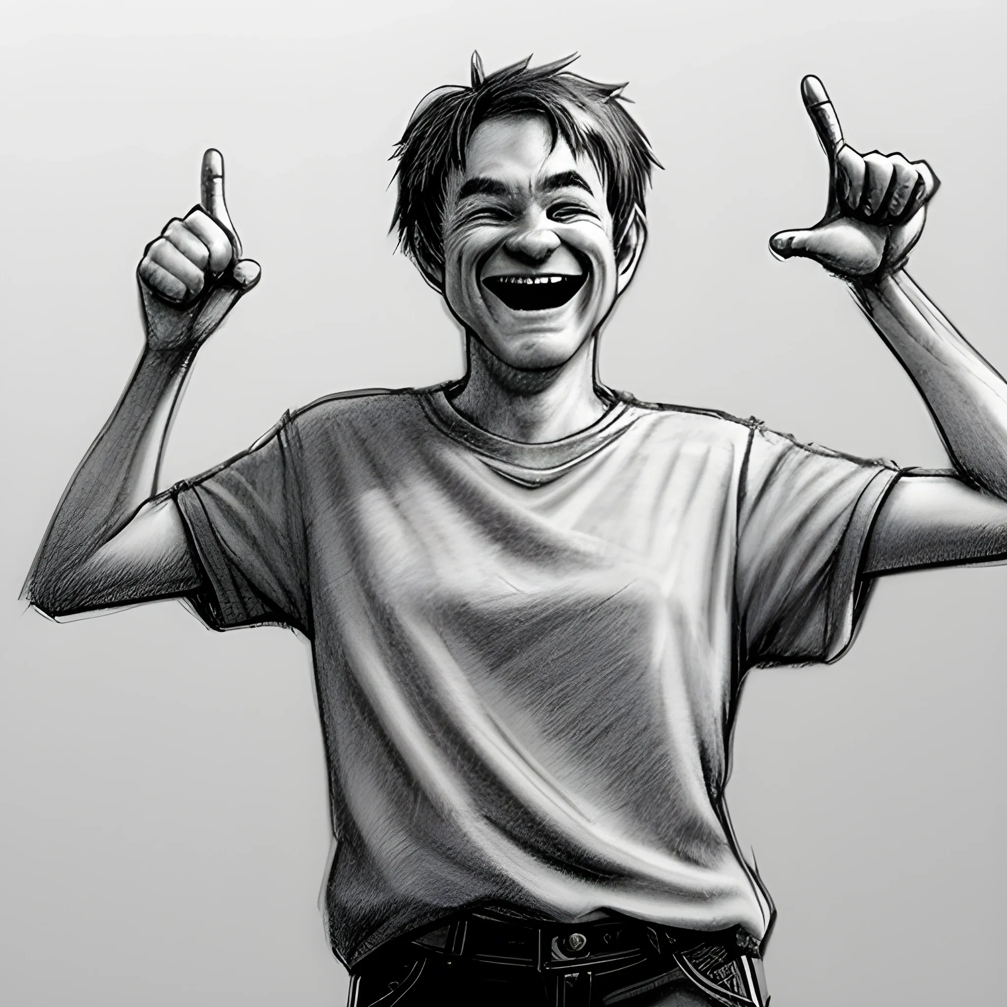 A person with a mocking expression, smirking and laughing with eyes narrowed in ridicule. The person’s body language is exaggerated, with one hand pointing and the other on their hip, leaning slightly forward as if taunting someone. The setting is casual, with an atmosphere that emphasizes the person's condescending attitude, making the scene feel disrespectful and provocative., Pencil Sketch