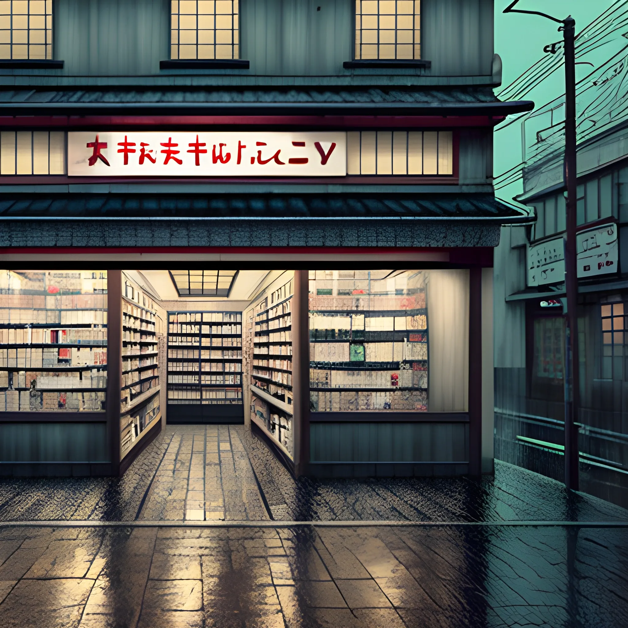 Create art with japanese view of a very old pharmacy shop outside, 3D, rainy weather, not intense colours, night, dark, desaturated, no people, no street, no windows

