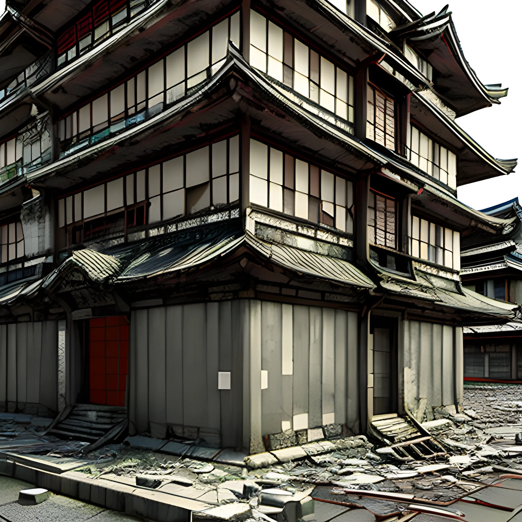 Create art with japanese view of old building in a damaged city ...