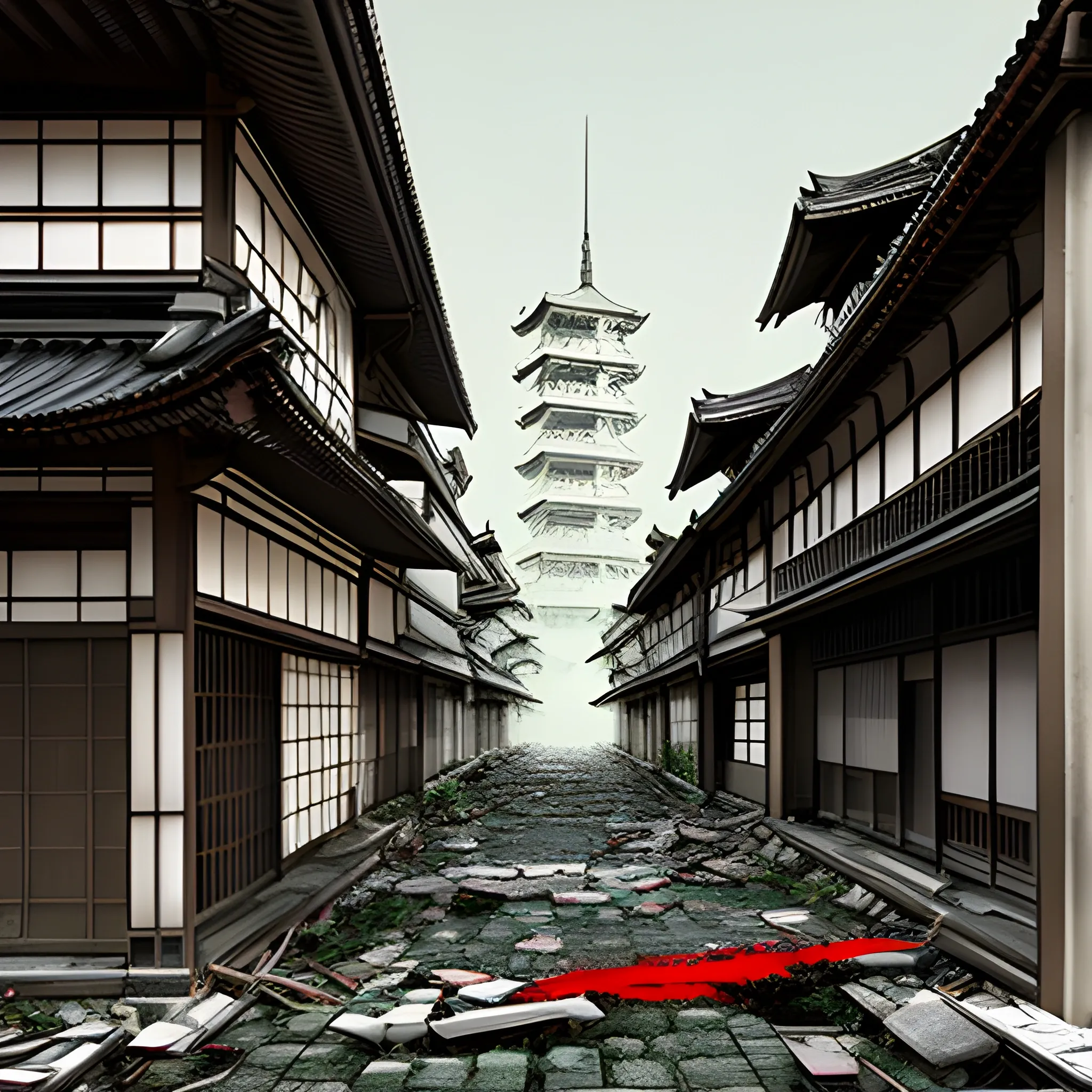 Create art with japanese view of old building in a damaged city, 3D, not intense colours, desaturated, no people, no street
