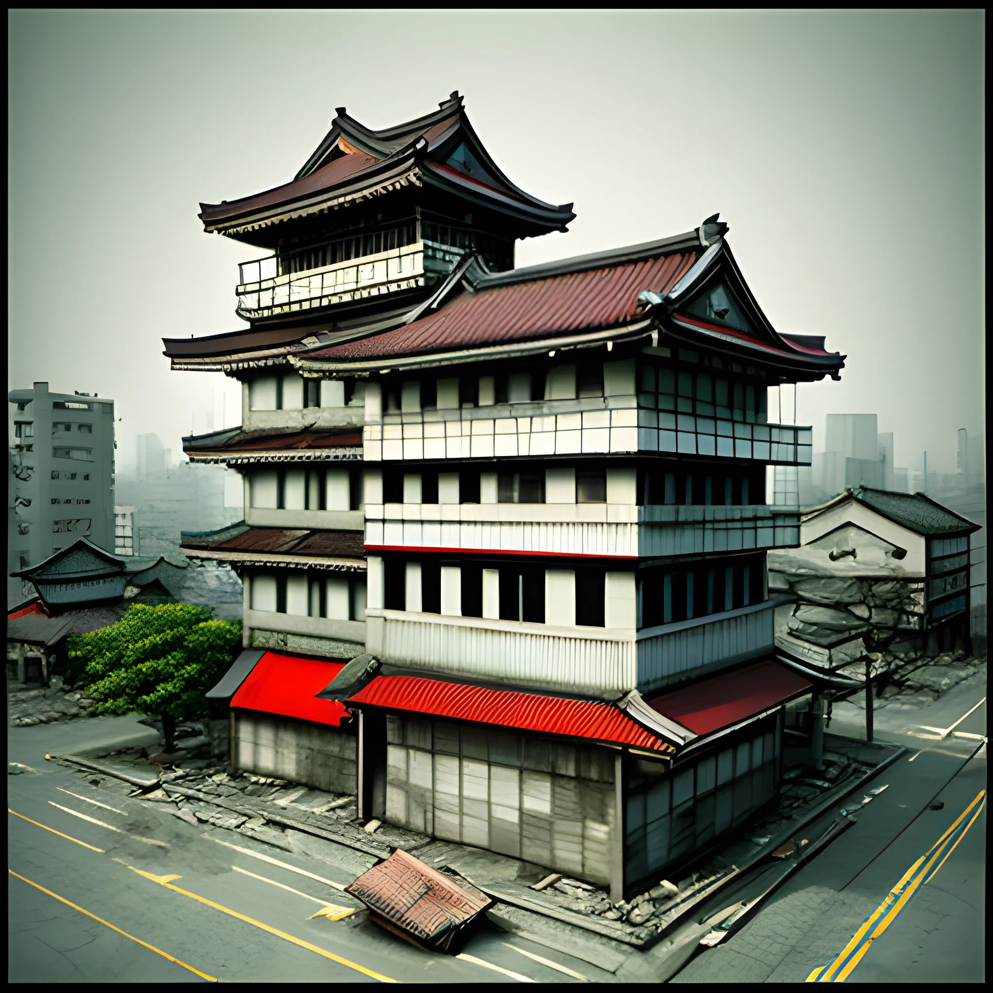 Create art with japanese view of old building in a damaged city, 3D, not intense colours, desaturated, no people, no street
