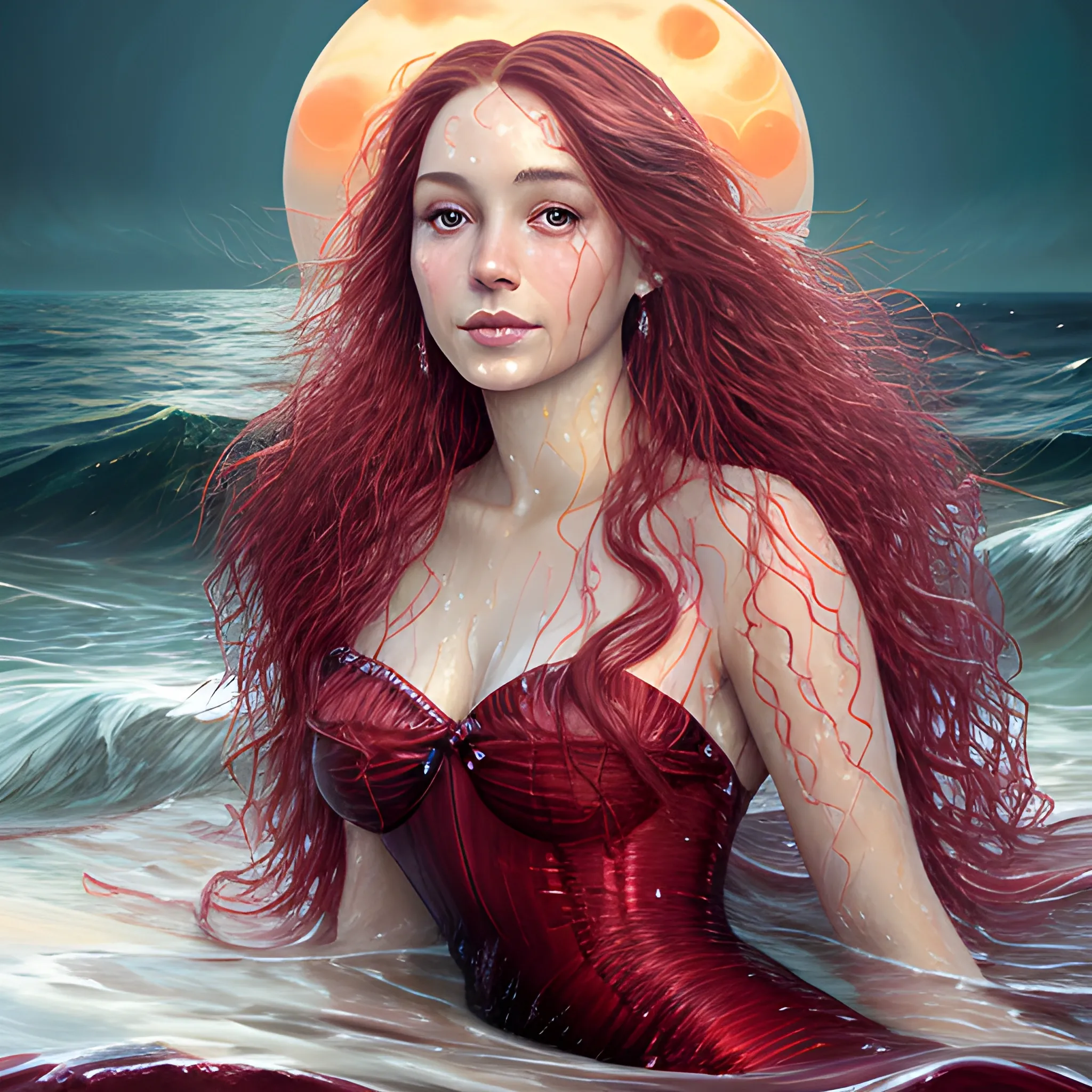 a wet oil painting of a strikingly beautiful woman with long luminous burgundy hair sitting in the surf of the ocean that is illuminated by a red moon and the light of the moon reflects brilliantly on the ocean water and the bottom of her dress is made out entirely of the waves around her which makes her one with the ocean, fantasy realism sparkles ethereal , Oil Painting