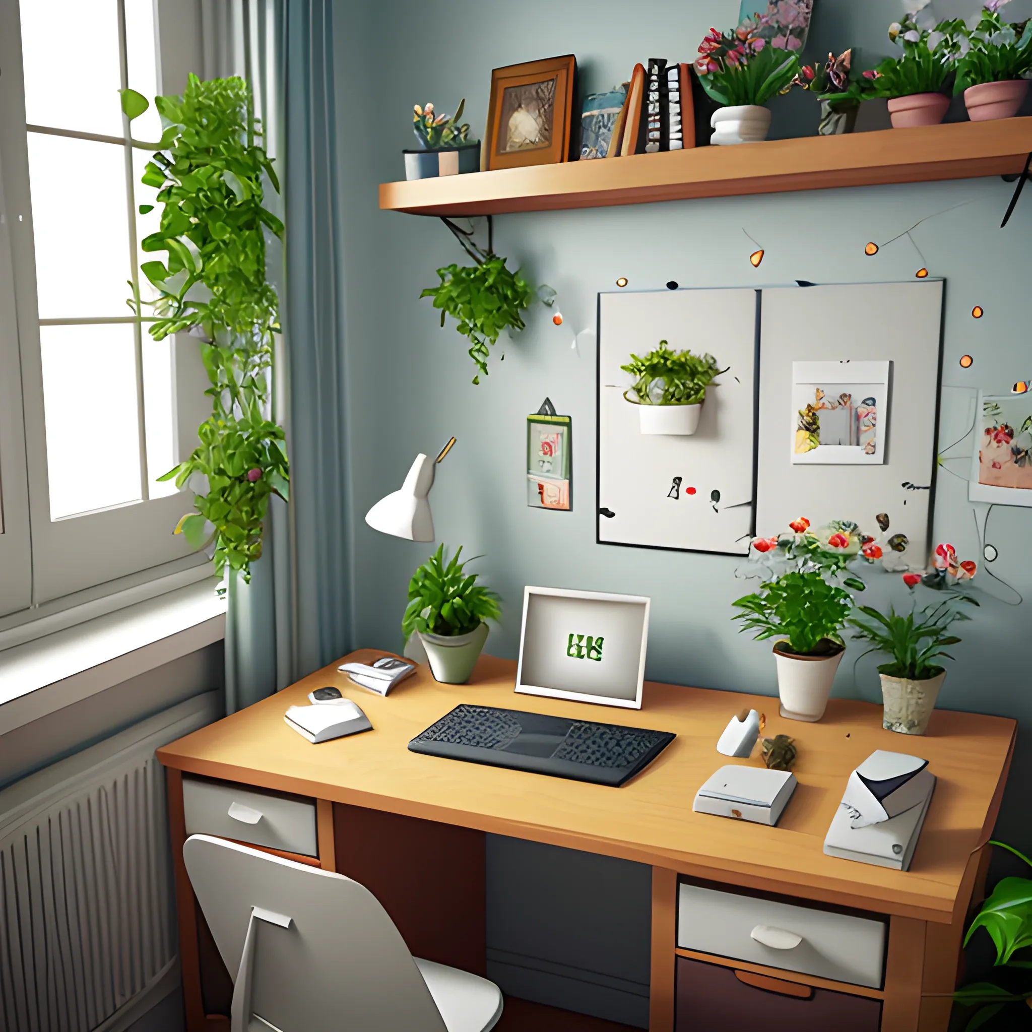 bedroom, flowers, plants, cosy, vintage, 3D, workdesk, personal computer, monitor, shelf, dimmed