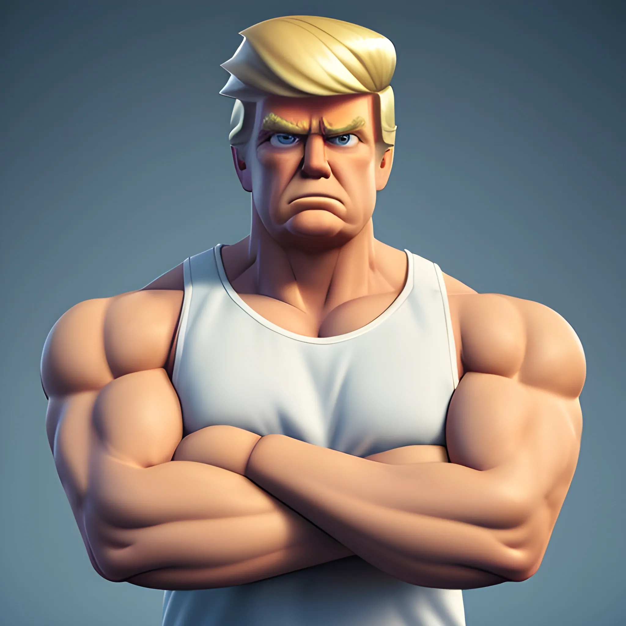 half body shot 3D cartoon render of Donald Trump with his arms crossed looking straight into the camera. He is very strong and looks like a bodybuilder, his face is clear and he is in the artstyle of fortnite.  he is wearing a tank top thats also a suit and you can see he is very strong and muscular, 3D