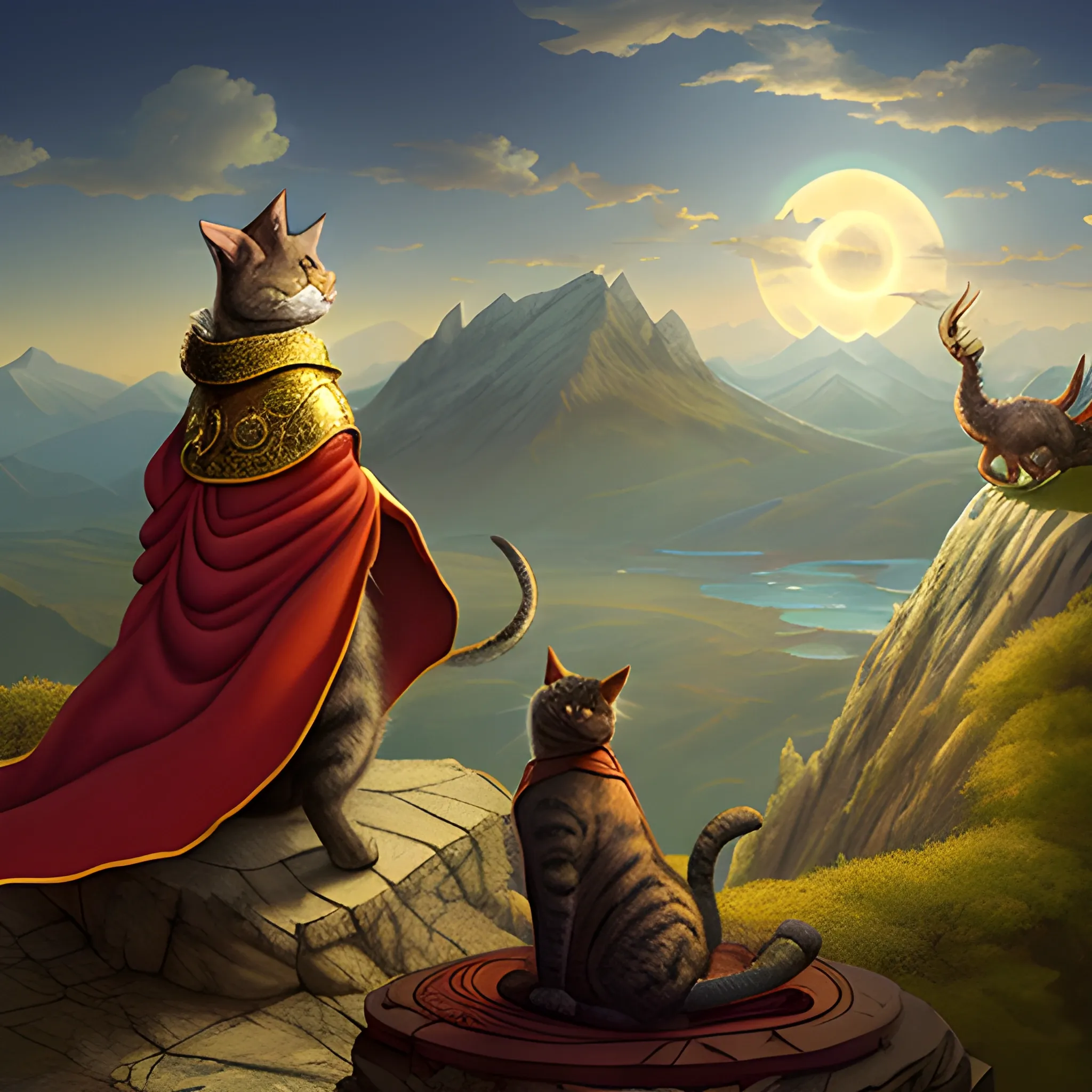 A cat wearing a cloak stands on the mountaintop, staring at the circling dragon, with gold coins flowing on the mountain