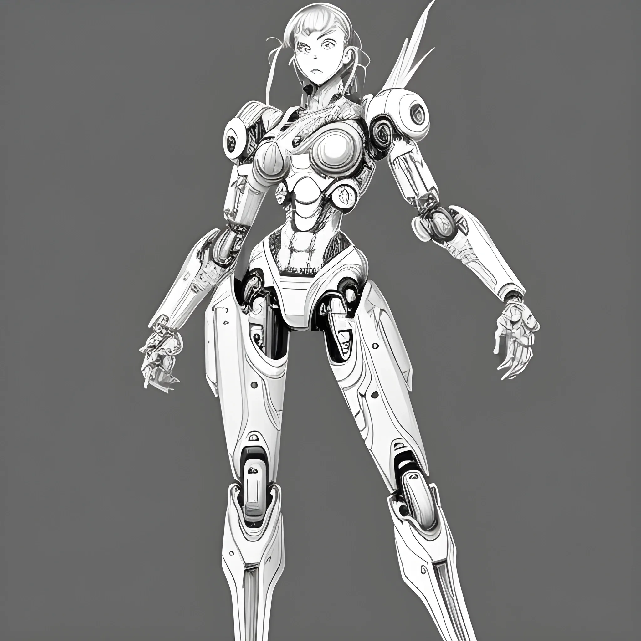 full body illustration female cyborg, highly detailed, sumi - e art, suiboku - ga ink, by kim jisu, pen and ink monochrome, mecha, deviantart, artstation, pinterest 