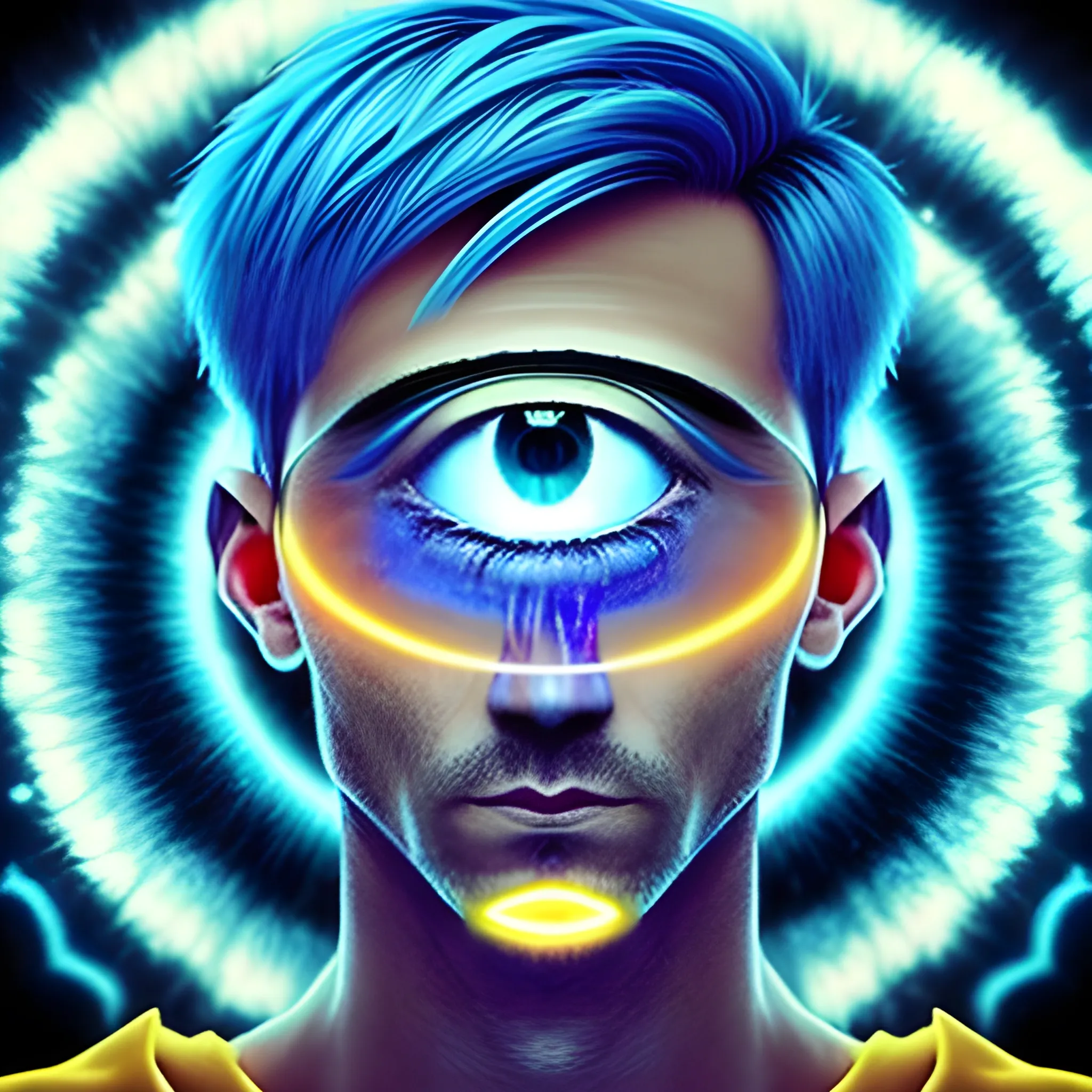 A man with a glowing eye, short hair , Trippy