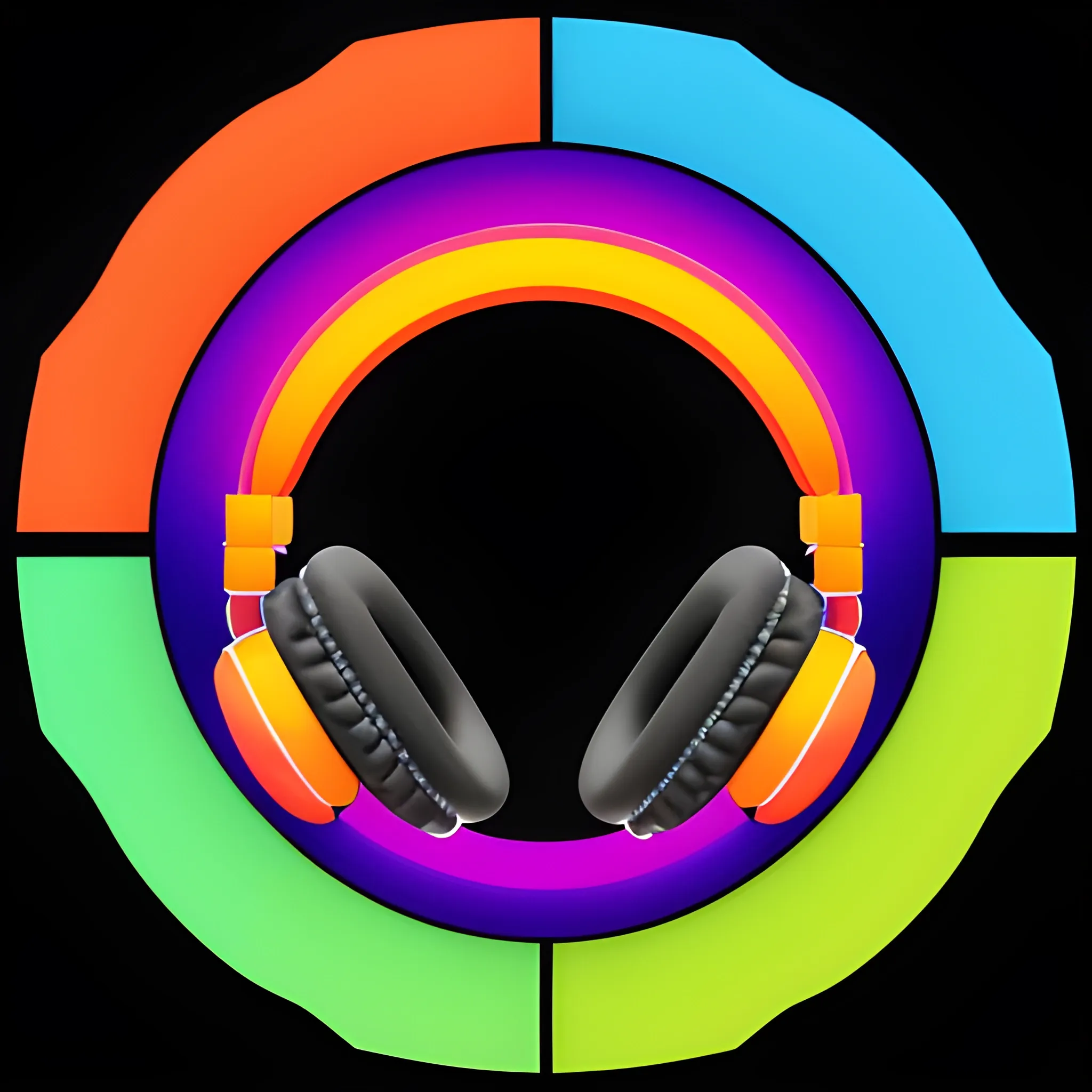 A black background with cartoon headphones in a bright color, such as blue or red, covering audio waves that smoothly transition into a film strip. The audio waves are in bright orange or green, symbolizing sound. In the center of the composition is a cartoon microphone, combining elements of sound and video. All elements are made in a simple but bright cartoon style with clear lines and saturated colors. 3D, 3D