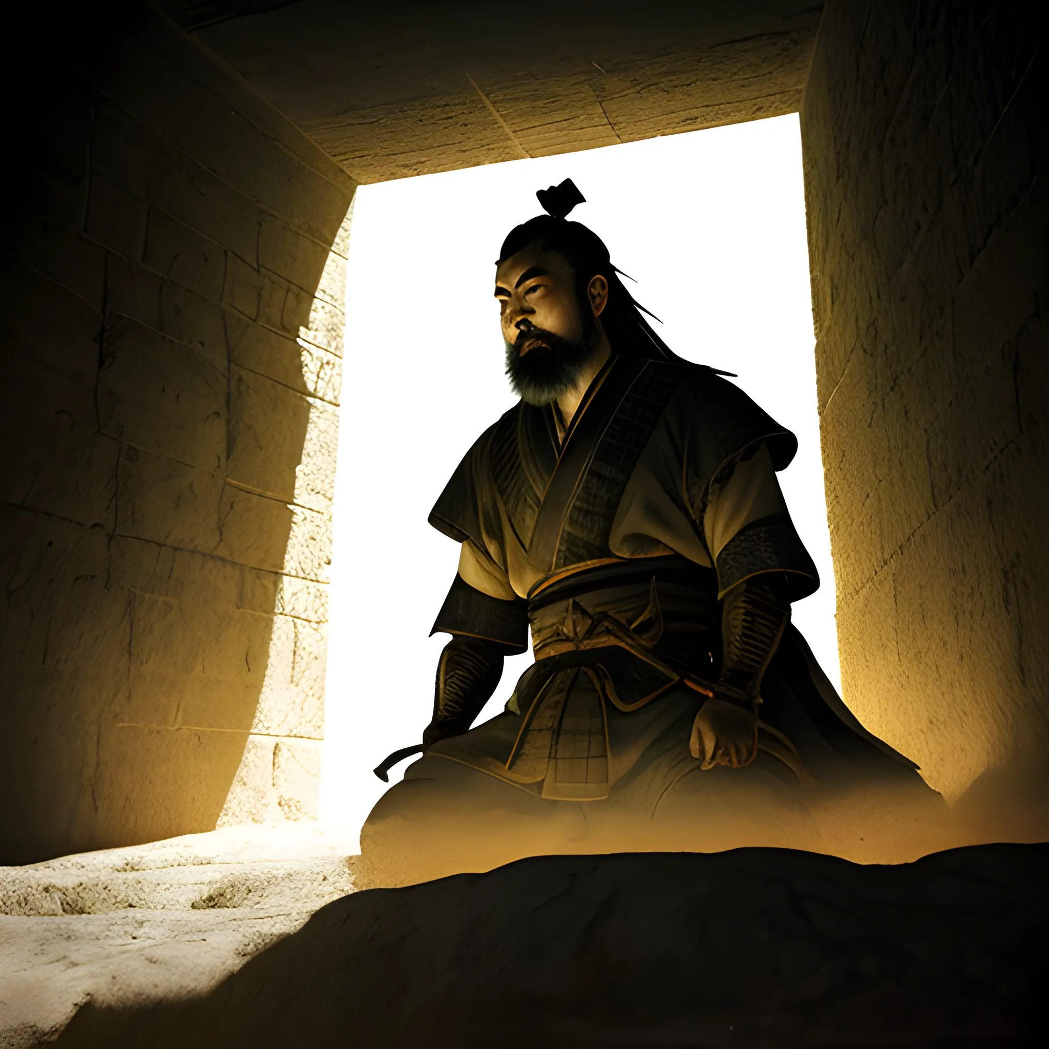 Illustrate a bearded samurai at the bottom of a deep, earthen pit, gazing upward toward a distant, bright exit. The scene should be depicted in a traditional, oriental-inspired style with a focus on simplicity and dramatic contrast. The samurai, rugged and worn, stands in the shadows of the pit, his expression one of determination and hope as he looks toward the light above. The walls of the pit are rough and earthy, with the bright light from the opening creating a stark contrast, casting long shadows. The light at the top is radiant, symbolizing hope and escape, while the samurai’s figure is strongly defined, emphasizing his resilience in the face of adversity.