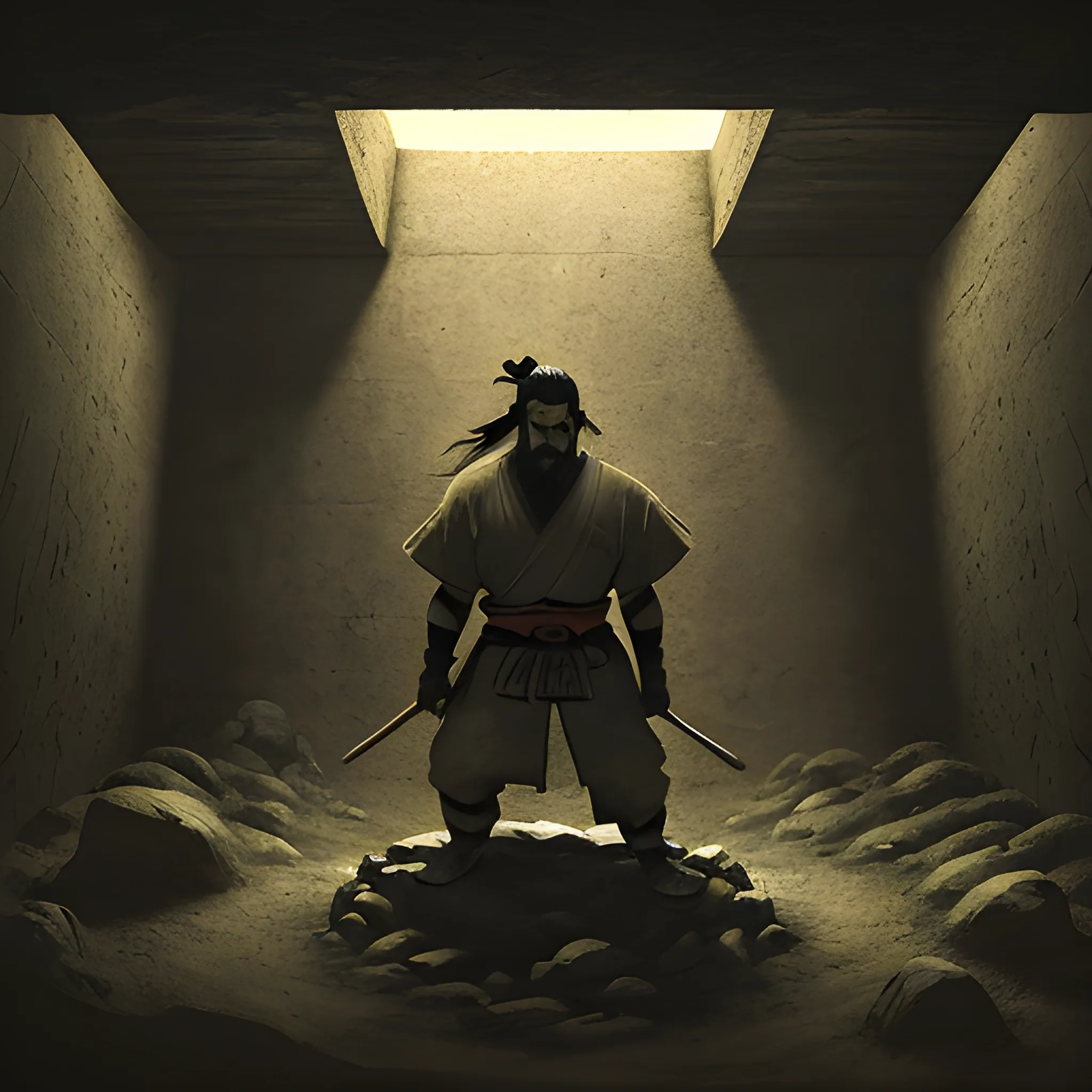 Illustrate a bearded samurai at the bottom of a deep, earthen pit, gazing upward toward a distant, bright exit. The scene should be depicted in a traditional, oriental-inspired style with a focus on simplicity and dramatic contrast. The samurai, rugged and worn, stands in the shadows of the pit, his expression one of determination and hope as he looks toward the light above. The walls of the pit are rough and earthy, with the bright light from the opening creating a stark contrast, casting long shadows. The light at the top is radiant, symbolizing hope and escape, while the samurai’s figure is strongly defined, emphasizing his resilience in the face of adversity. Anime style
