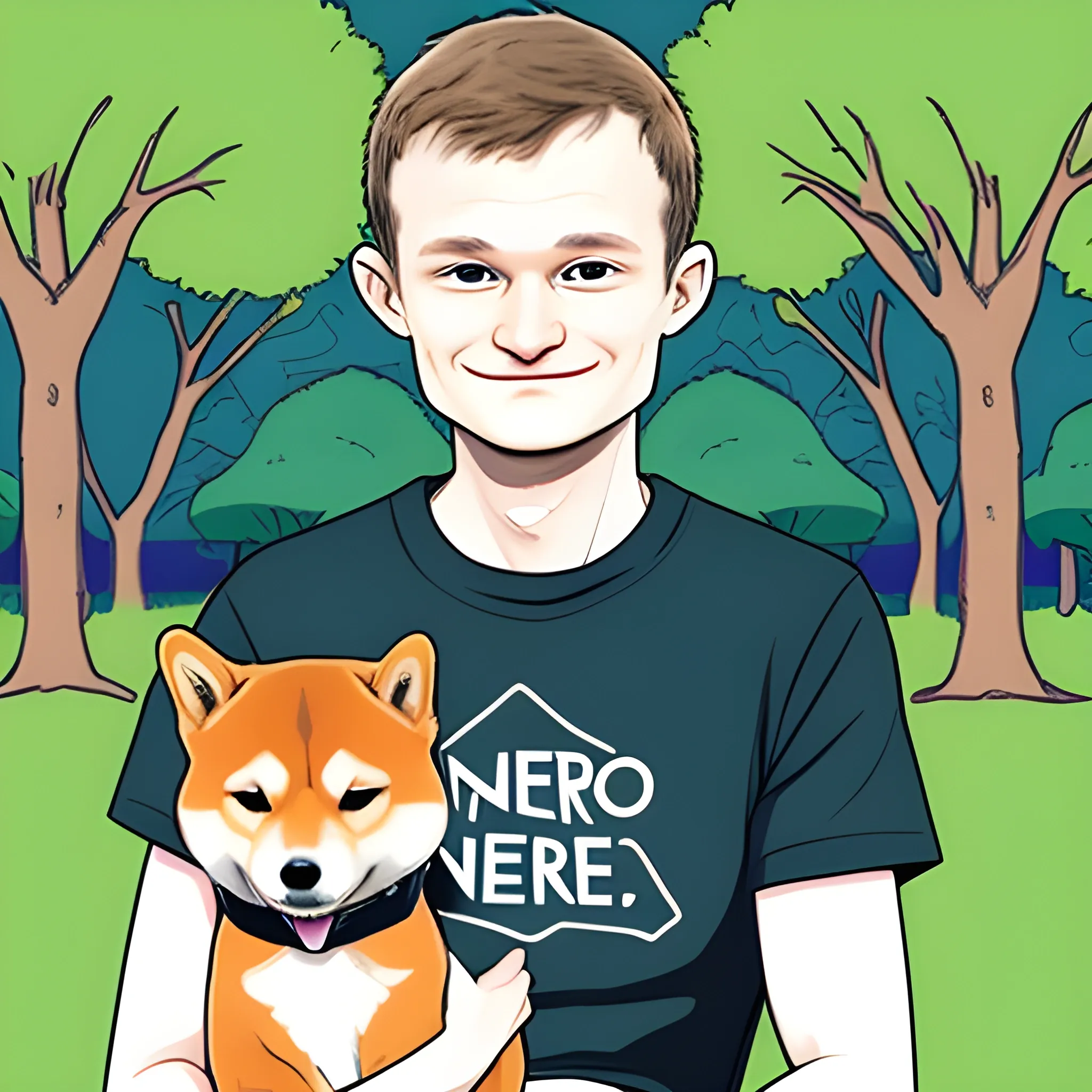 vitalik buterin wearing a t-shirt (a t-shirt that says "Neiro") cuddling a shiba inu in the park, cartoon