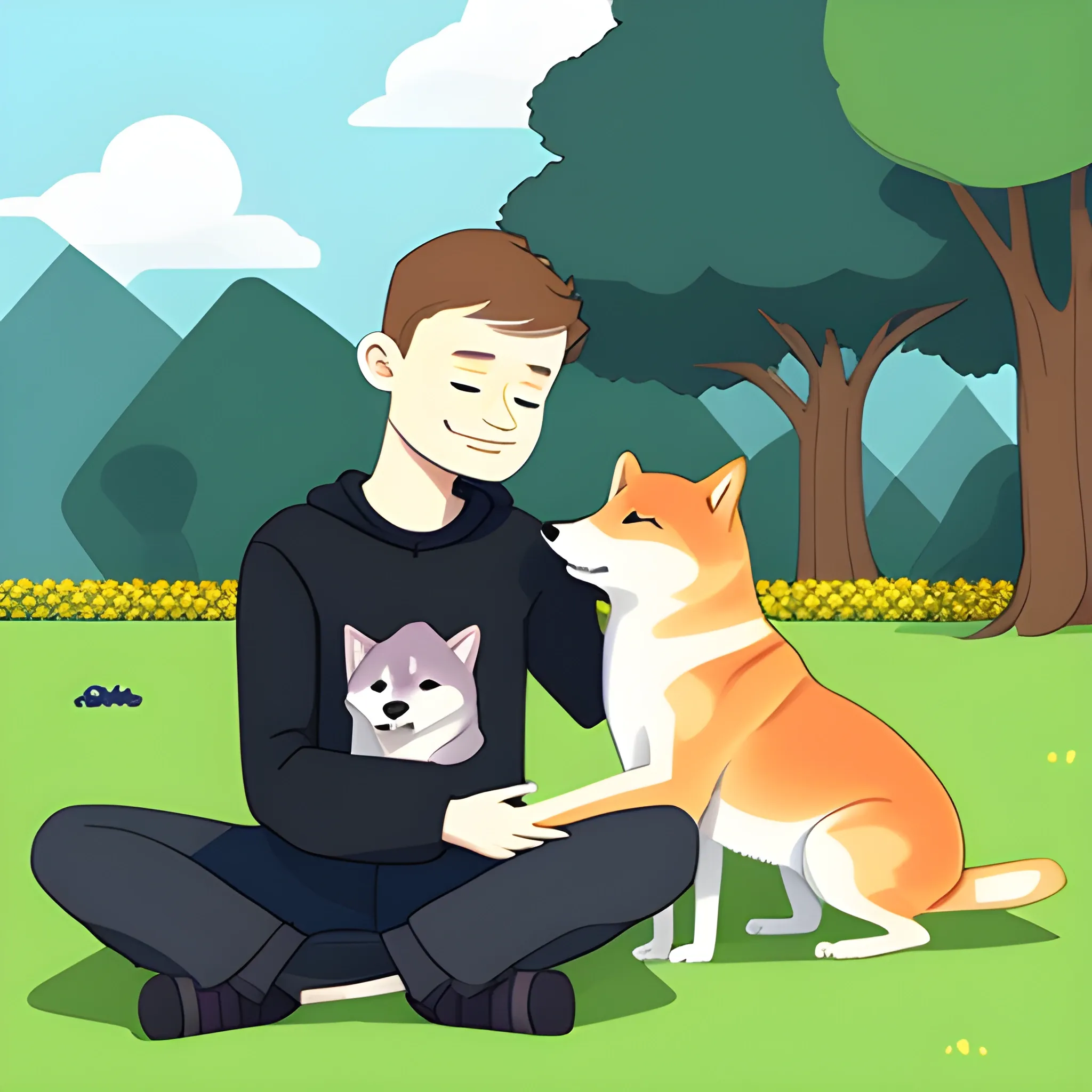 vitalik buterin cuddling a shiba inu in the park, cartoon