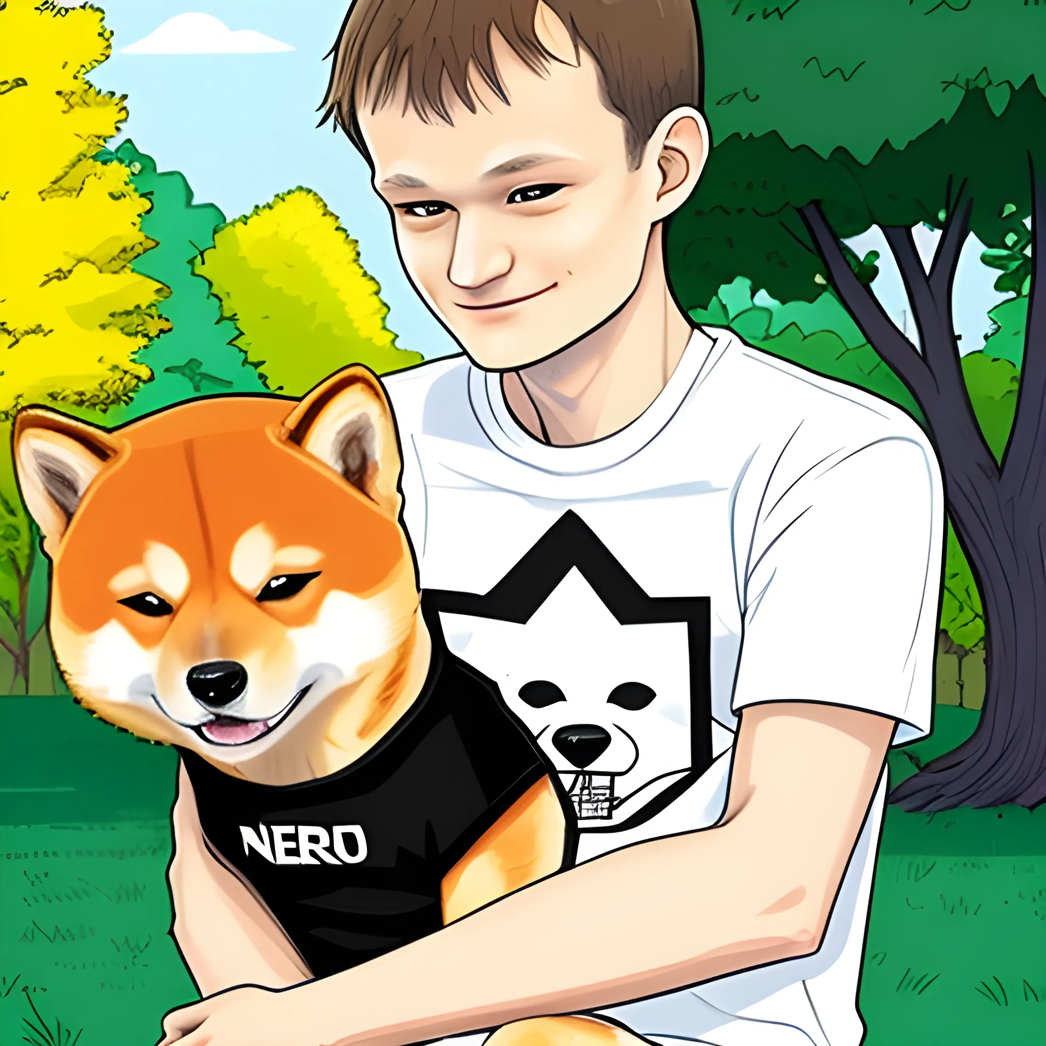 vitalik buterin wearing a t-shirt (a t-shirt that says "Neiro") cuddling a shiba inu in the park, cartoon