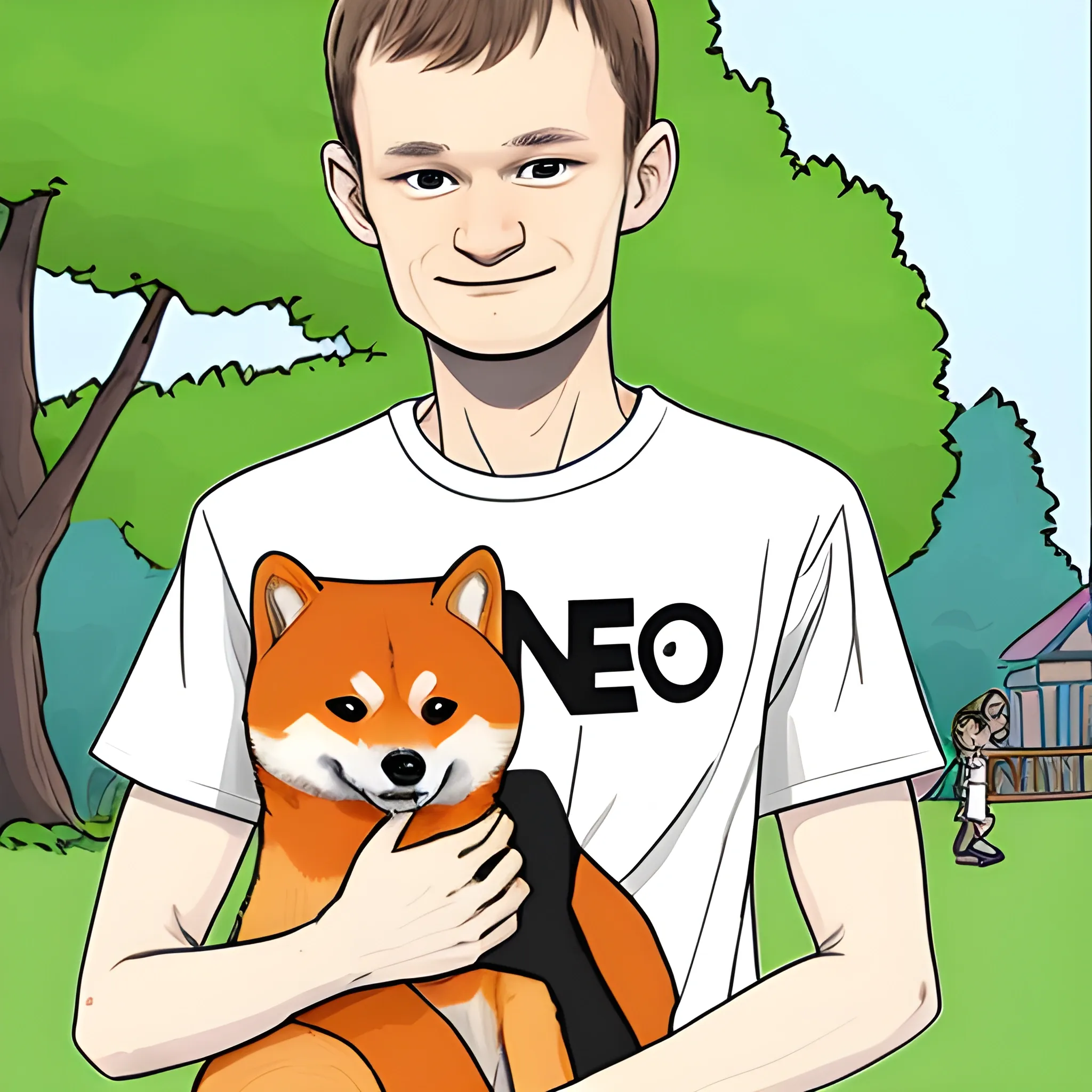 vitalik buterin wearing a t-shirt (a t-shirt that says "Neiro") cuddling a shiba inu in the park, cartoon