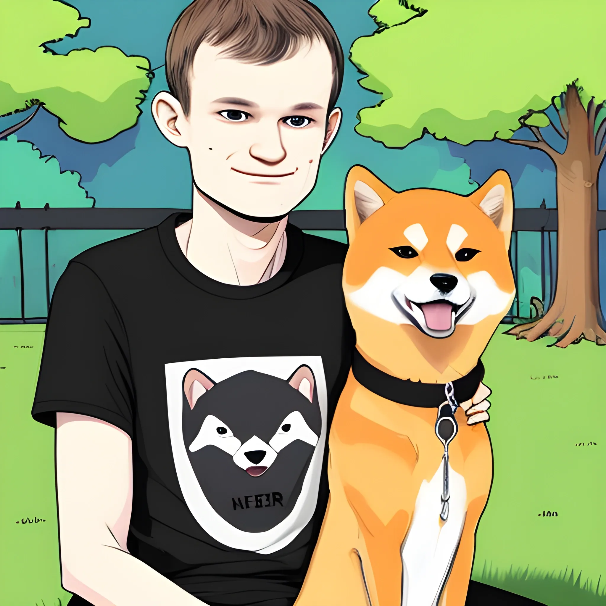 vitalik buterin wearing a t-shirt (a t-shirt that says "Neiro") cuddling a shiba inu in the park, cartoon