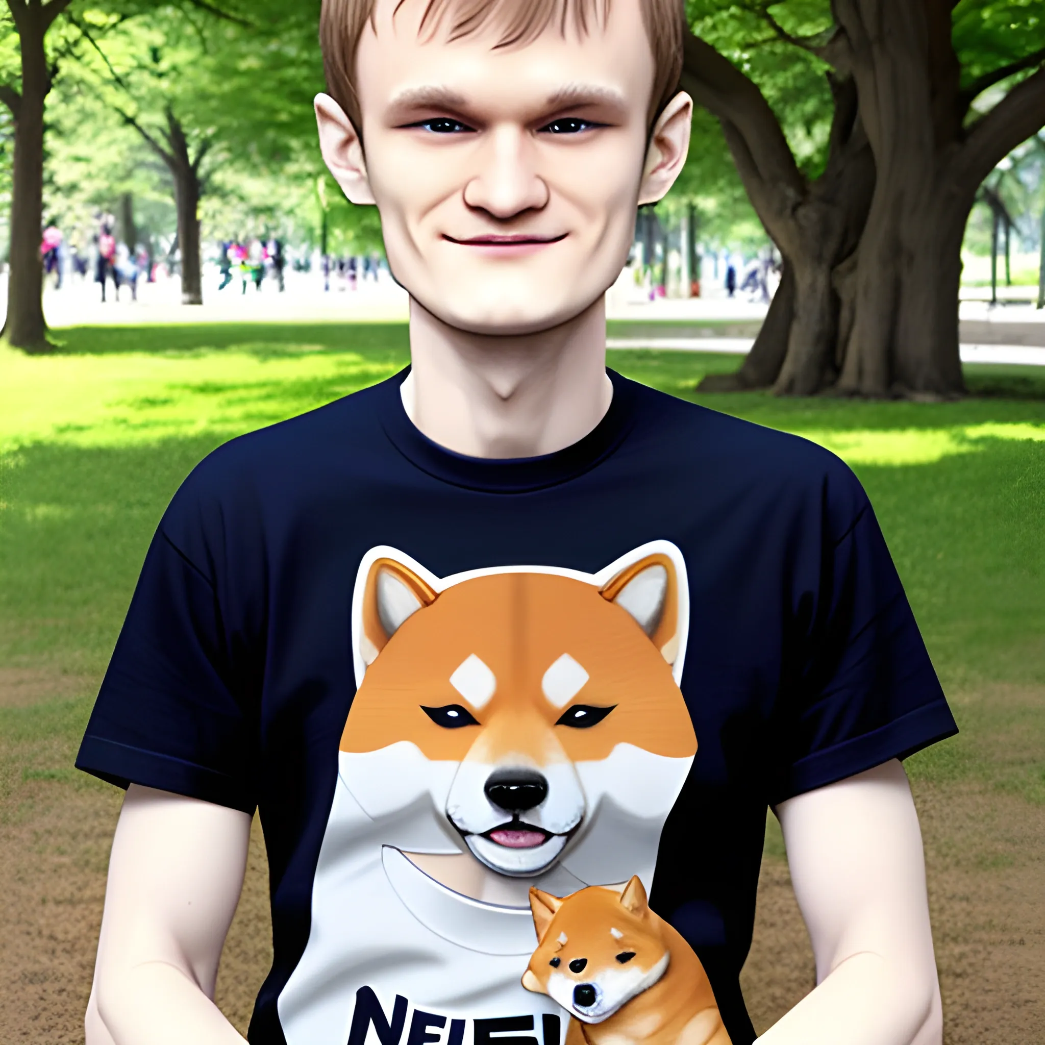 vitalik buterin wearing a t-shirt (a t-shirt that says "Neiro") cuddling a shiba inu in the park, cartoon