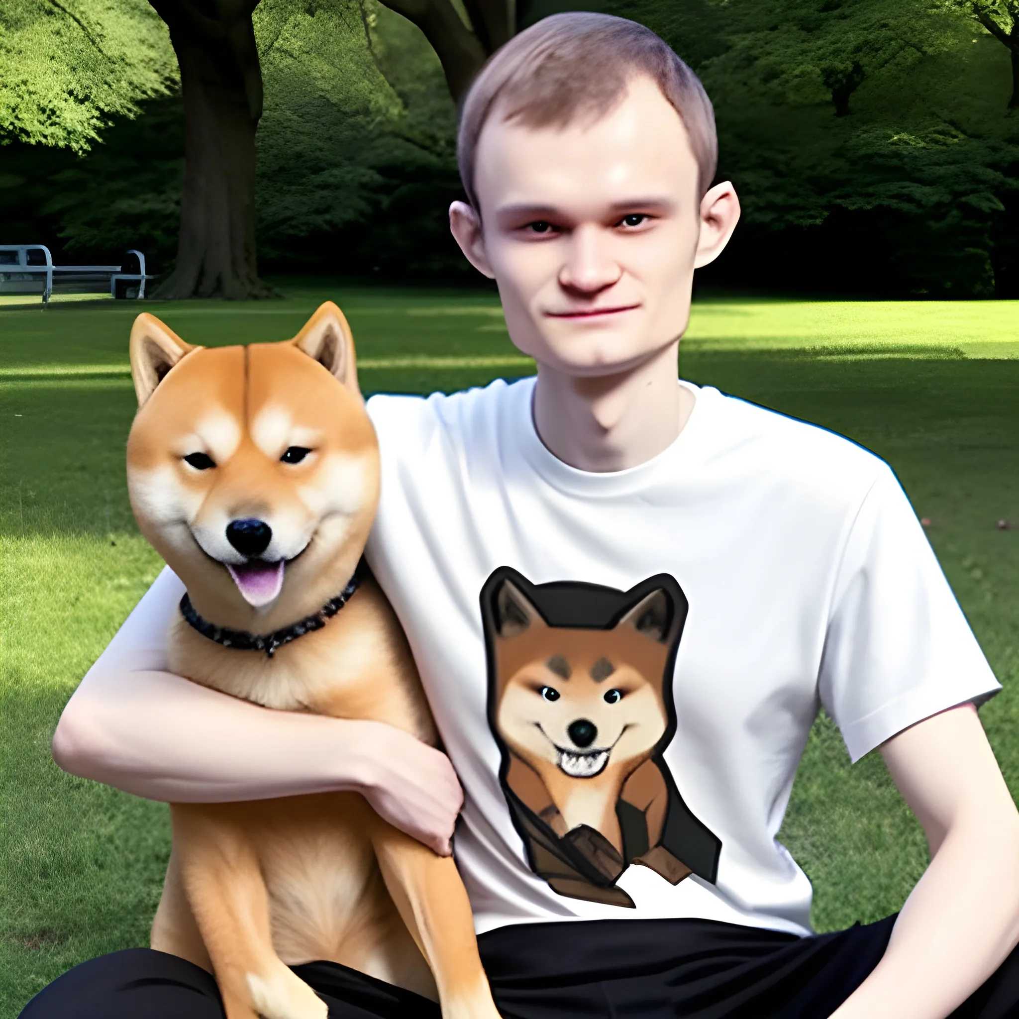 full shoot vitalik buterin wearing a t-shirt (a t-shirt that says "Neiro") cuddling a shiba inu in the park, cartoon