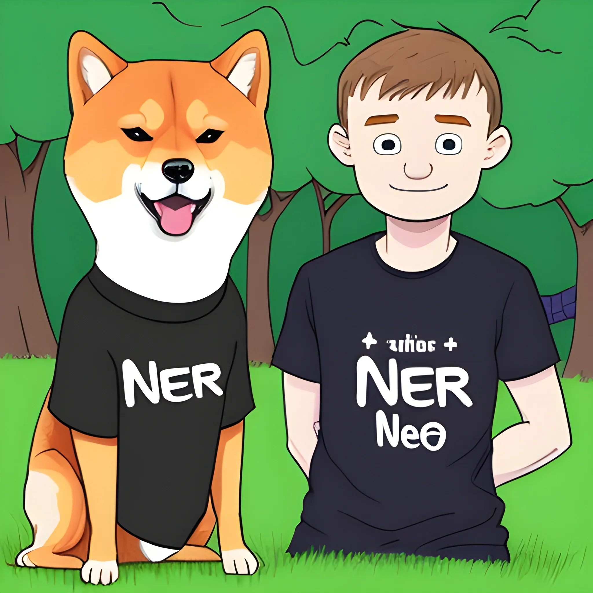 create a cartoon picture of vitalik buterin wearing a t-shirt (the t-shirt says "Neiro") hugging a shiba inu in the park