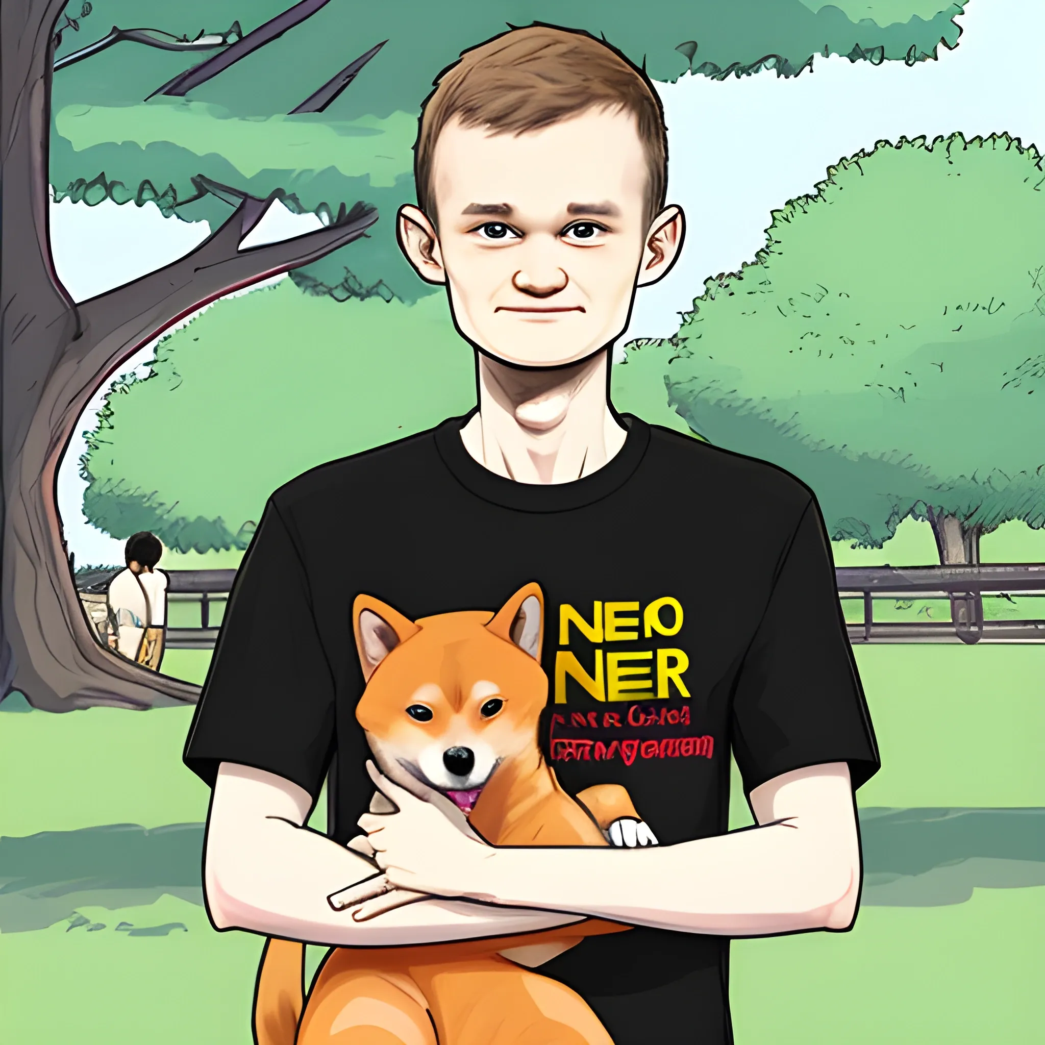 vitalik buterin wearing a t-shirt (the t-shirt says "Neiro") hugging a shiba inu in the park, cartoon