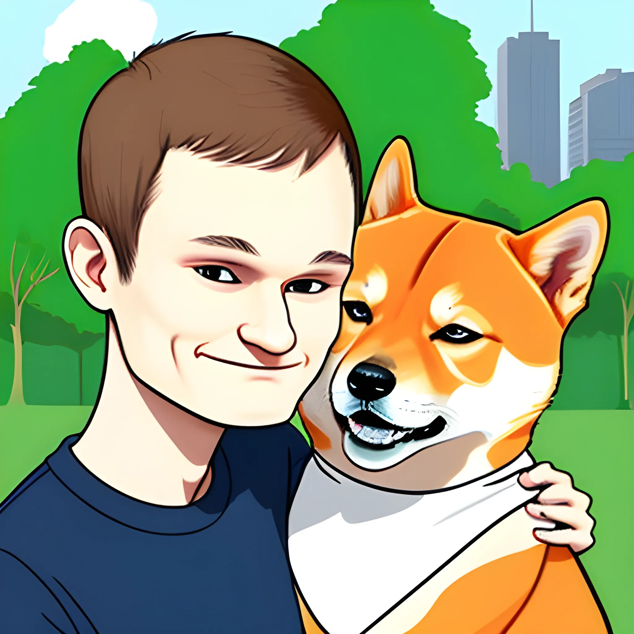 create a cartoon picture of vitalik buterin wearing a t-shirt (the t-shirt says "Neiro") hugging a shiba inu in the park, cartoon