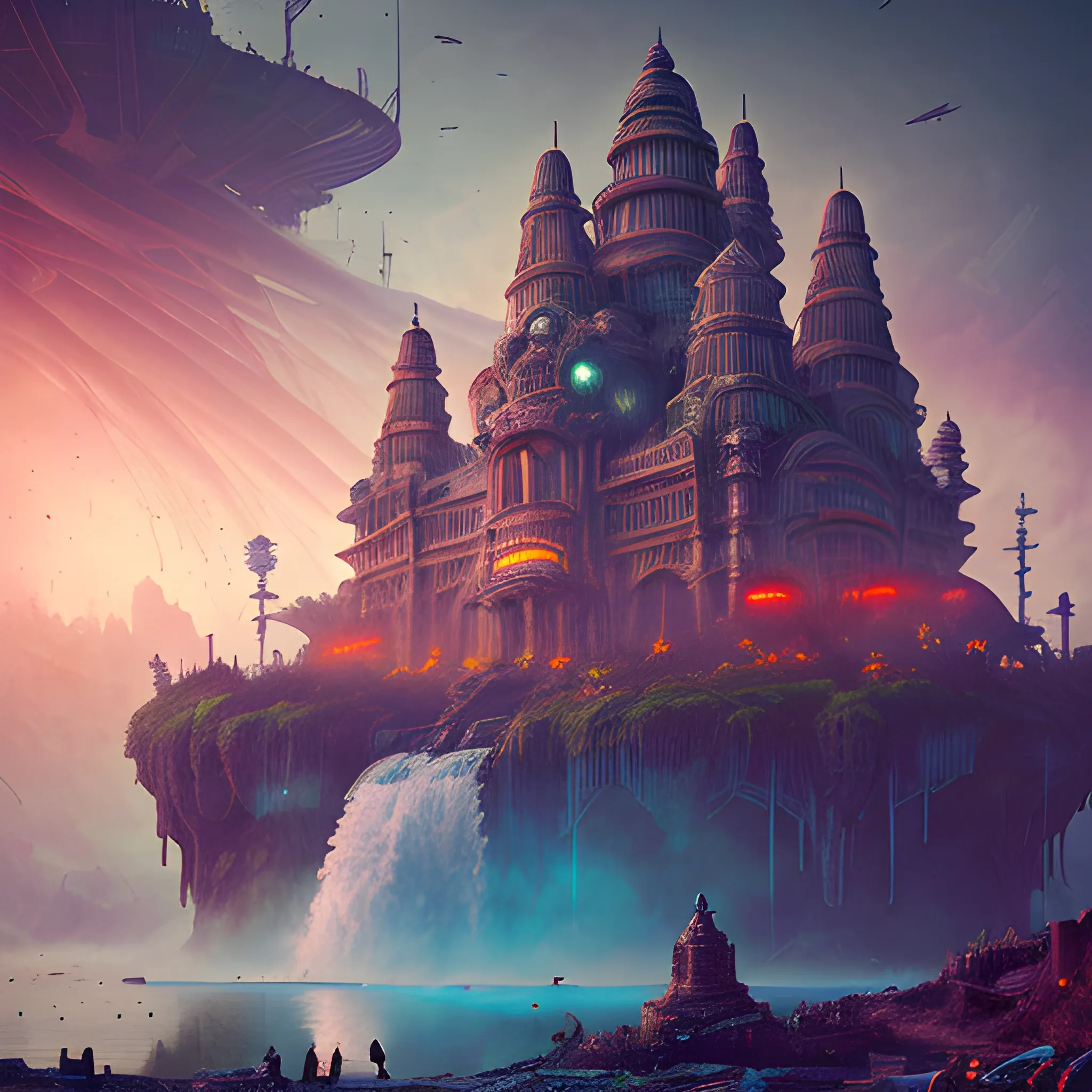 A giant steampunk UFO Mother-ship is flying over the a Waterfall, hyper-realistic mist cascades down, surrounding the ruined, intricately detailed face of meditating Lord Shiva, surrounded by a massive fortress in the vivid, detailed, ruined cityscape, in the style of Salvador Dali with a twist of biomechanical surrealism and the cinematic touches of Ash Thorp and Simon Stalenhag's cyberpunk landscape, with intense, colourful, side-lit, epic, Splash art quality and an archive of encrypted ancient symbols scattered around the pool of water below