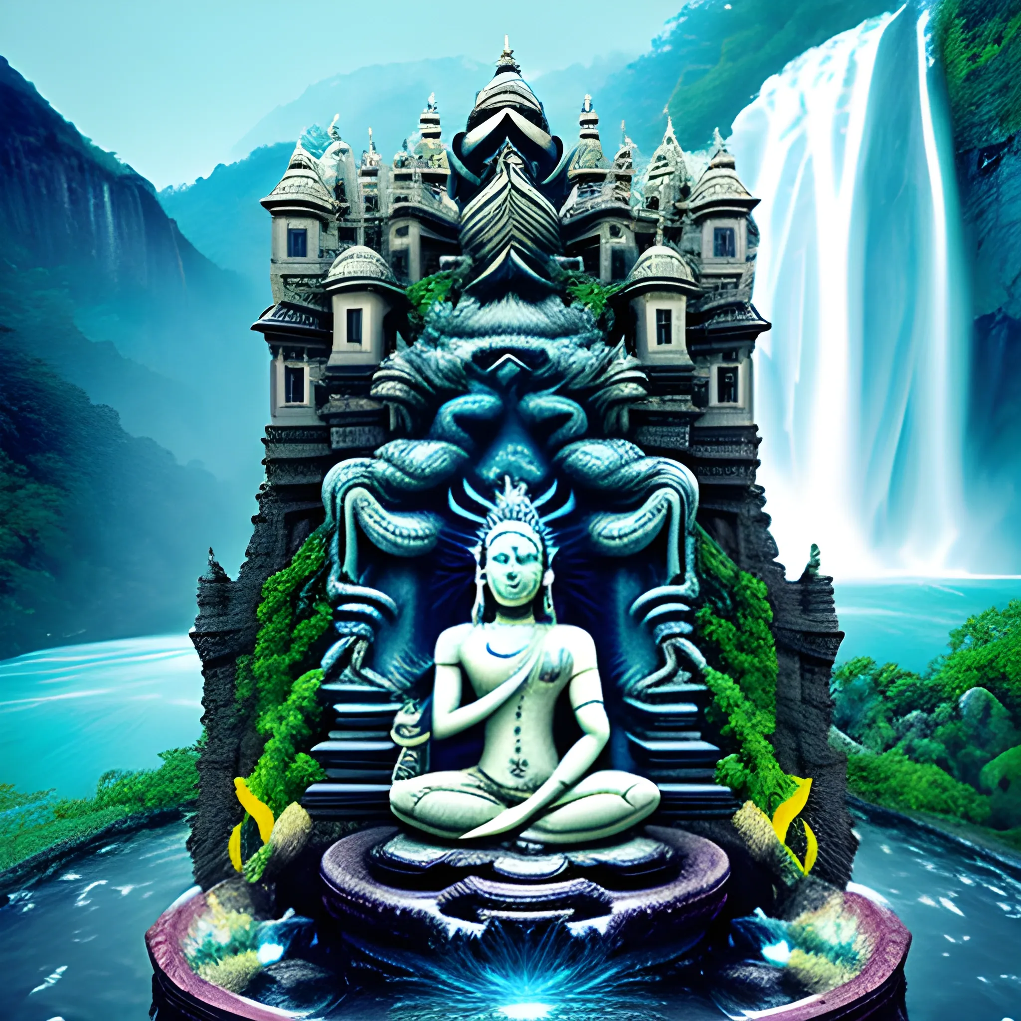 Waterfall, Ruined Shiva Face, ((parallax: 1.4)), summoning, distortion, veil, sacrifice, gear, (fortress: 1.2), archive, heart, spin, glitch, ((abstract: 1.4)), in the style of Salvador Dali, forelimbs, dance, gaseous state, merge, nostalgia, pool of water, purgatory, (ruined city), detailed background, landscape, encryption, vividness, will, (react: 1.2), Hindu god Shiva meditating under a waterfall fountain, Epic cinematic, masterpiece