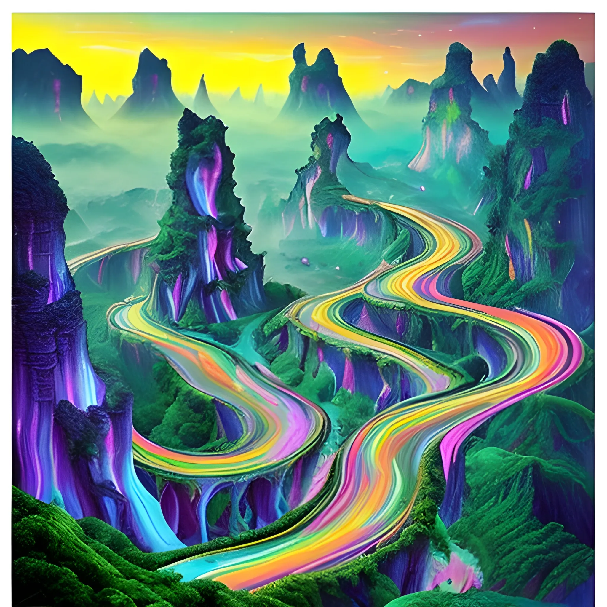 Describe a scene inspired by the surrealist paintings of Salvador Dalí, The beautiful highway in Guizhou Province, surrounded with Seven steps waterfalls in kaleidoscopic lighting, leading into a vortex of swirling shadows, with its strange-shaped pillars, hidden valleys, shimmering mist of cloud, and limestone caves, fantasy art, beautiful, radiant, colorful, serene, hyper-detailed, iridescent, vapor, ethereal, vibrant