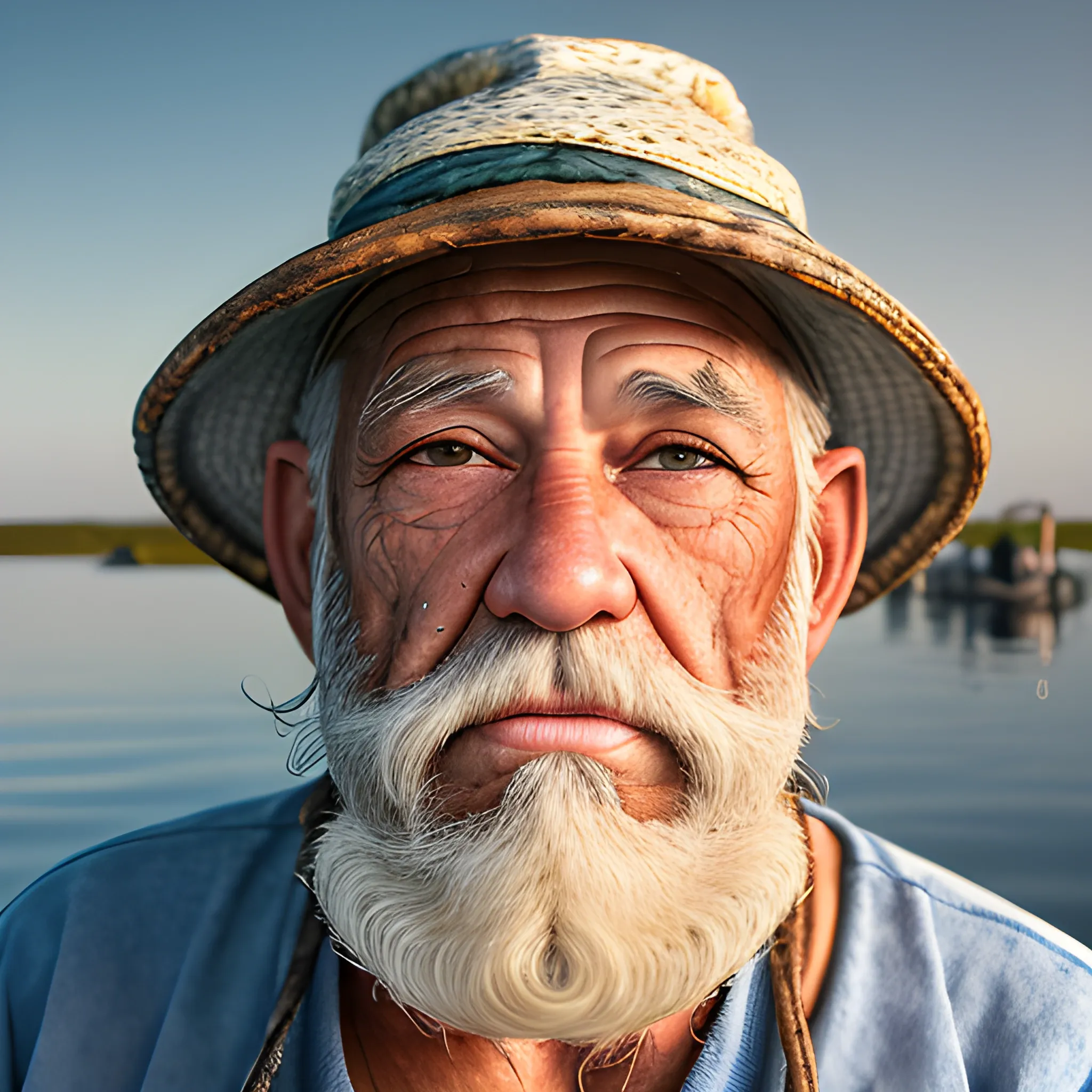 Portrait of a seasoned fisherman, with weathered skin, deep wrinkles, and a piercing gaze. He sports a white beard and a fishermans hat. The background is a softly blurred dock, emphasizing his rugged features under natural light.