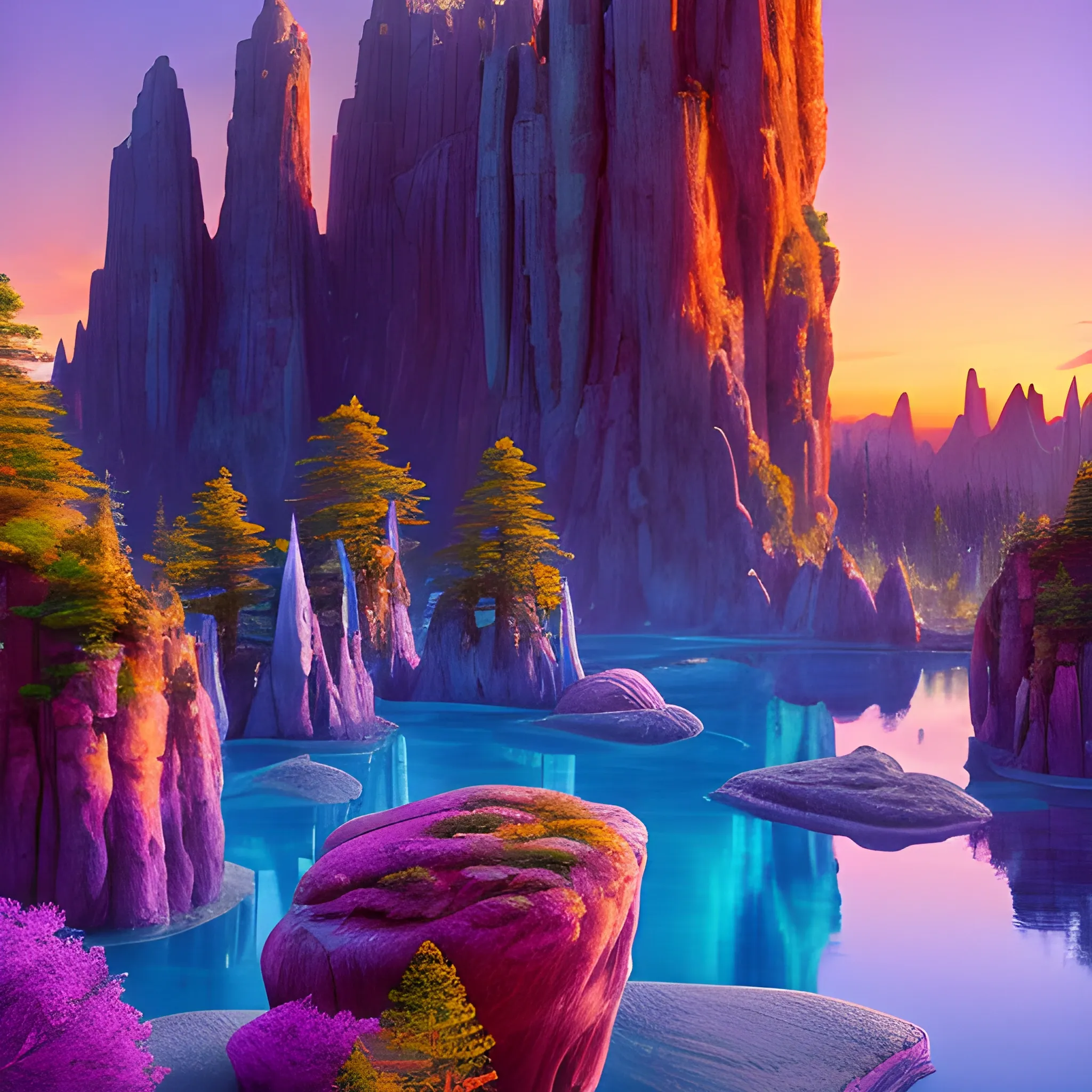 A vibrant, ethereal landscape populated by whimsical creatures, bathed in the warm glow of sunrise. The towering rock formations resemble colossal, slumbering giants, their peaks adorned with glowing crystals. The air hangs thick with the scent of pine trees and epic waterfall cascades, creating a sense of awe and wonder